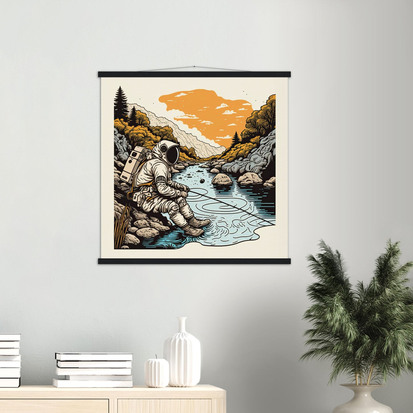 Poster mit Leisten (Holz) - in Museumsqualität - Fishing Astronaut - Buzz - Angeln - Astronaut - Natur - Posterleisten - USA - Fineart - Posterrahmen  - Wandkunst - Holzrahmen - Poster with frame - people of color - artwork - art brand - printed cup personalized - Holzleisten - pixelboys - Kunstdrucke - wandbilder - wall art - Kunst auf Tassen  - Office Poster - Gastrotassen - Wanddekoration - Acrylkunst - Geschenkidee - Office Poster - Acryldruck - Abstrakte Kunst -