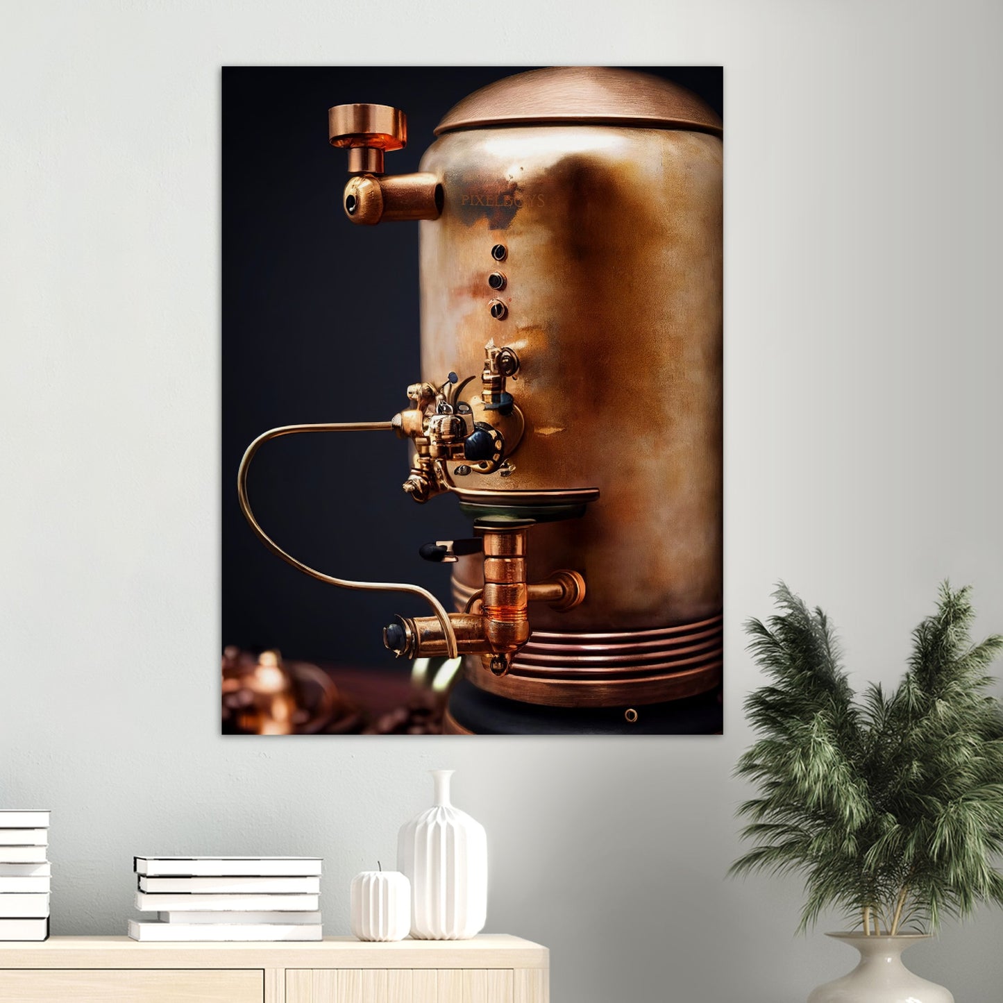 Poster in Museumsqualität - Steampunk - Coffee Maker - No.5 - Collection Cup - Pixelboys - Wandbild - Kunstwerk - Hotelkunst - Kunst auf Postern - Fine Art - Steampunk - Future - Maschine - Poster with frame - Office Poster - Art Brand - Pixelboys - Coffee House - Restaurant Poster - Wall Art - Kunstdruck - Geschenkidee - Kunst auf Acrylglas - Future Coffee Cup - Personalisierbare Tasse - Gastro Tasse - exklusiv - Acryldruck - Gastronomie Poster - Hotelposter - Steam Punk Kitchen -   