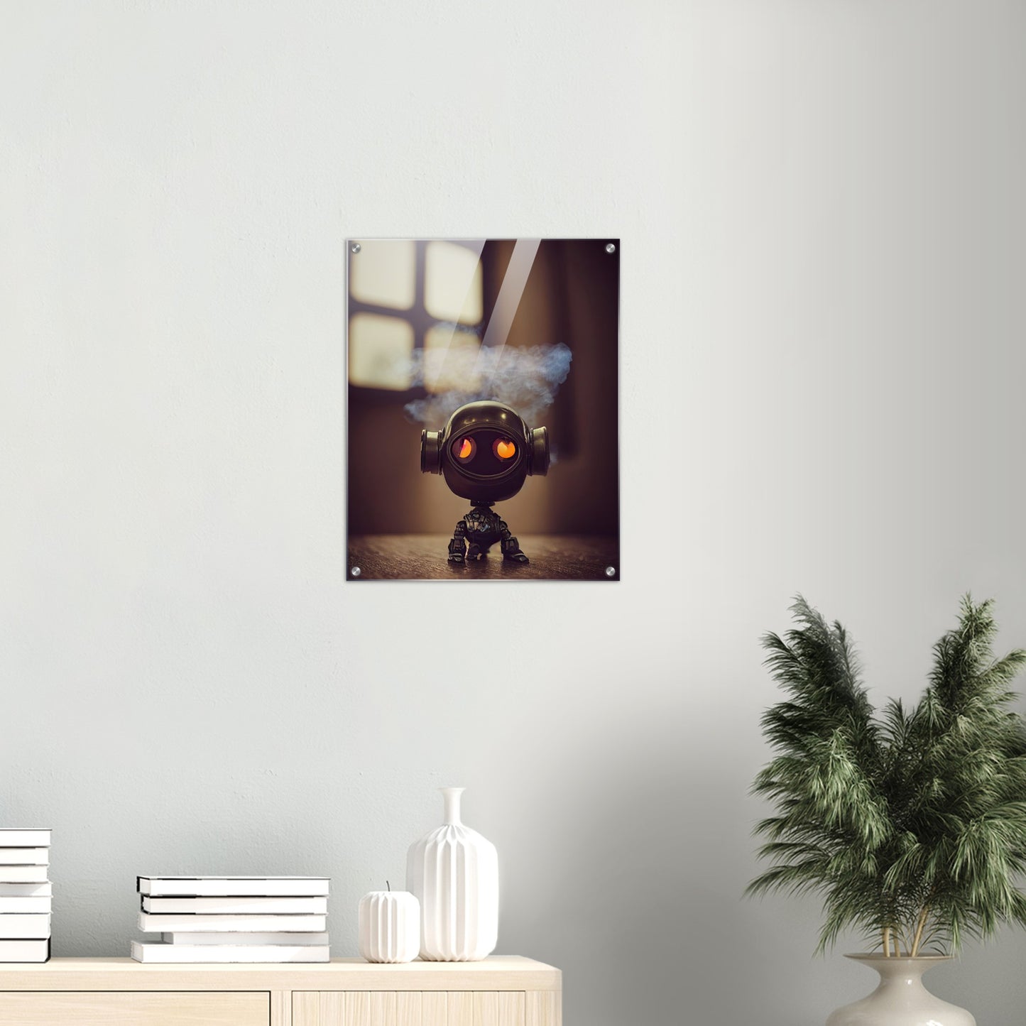 Acryldruck - in Museumsqualität - Tiny robot - with smoke around his head - "Tiny Tim" - Wandbild - Customizable Coffee Cup - Personalized Gifts - Kunstdruck - Rauchender Roboter - Steampunk - Acryldruck - Smoking Robots - Personalized Gifts - Poster with frame - nr.5 lebt - zukunft - Kunstwerk - Office Poster - Poster mit Rahmen - Kaffee Tasse  - Bedruckte Tassen - Kunst Marke - Art Brand - Wandbild - Kunstdrucke - Künstler: John Grayst & Pixelboys - emotional robots - Geschenkidee - Acrylbild -