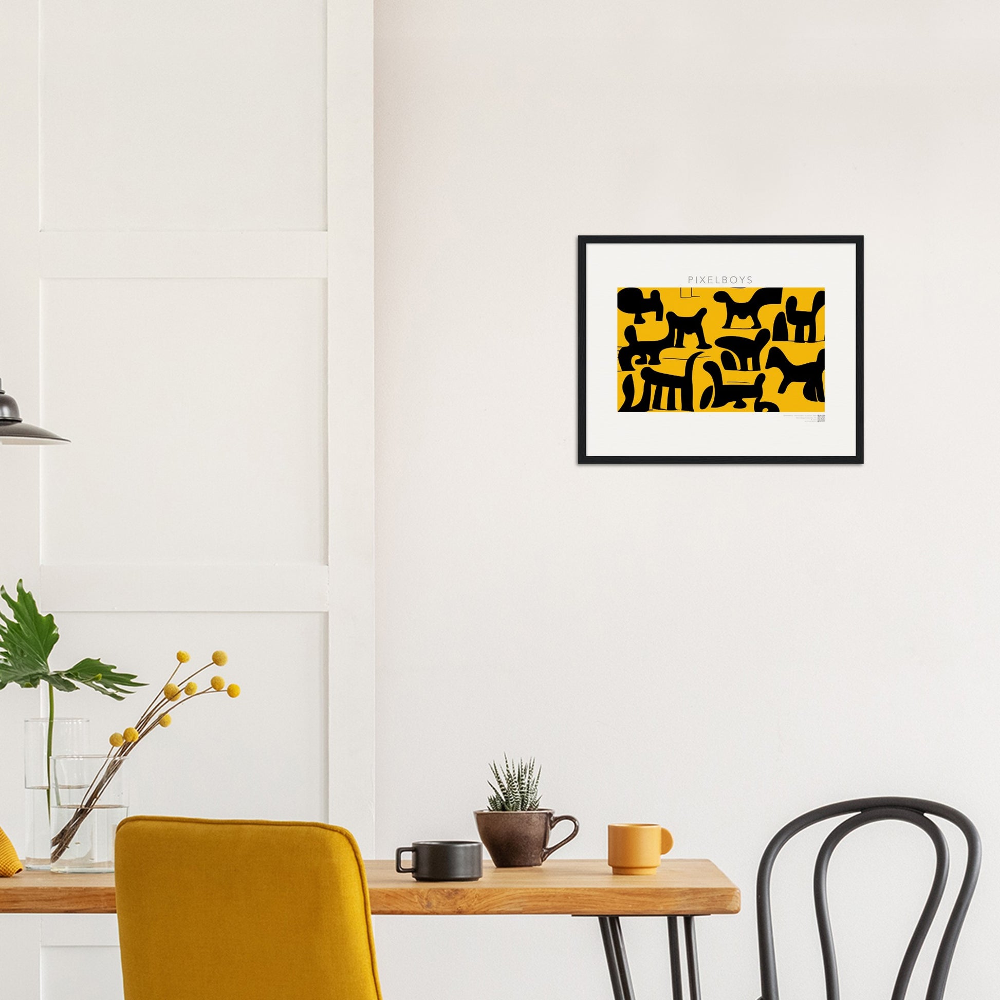 Poster mit Rahmen (Holz) - Doodlemania "weird animals on yellow" - No.3 - bedruckte Tasse-  gelb - Cup - Hunde - Katzen - Doodle Kunst - dogs - Cats - gastro - Poster mit Rahmen - doodle artwork - Acrylbild - Kunstdruck - Wandbild - office Poster - Poster with frame -  Künstler: Pixelboys & The Unknown Artist Nb.517 - keith haring - Gastro Art - anti stress art - Art Brand - Kunstdruck - Gastro Tasse - 