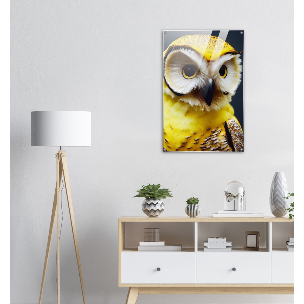 Acrylbild - Fruit Owl No. 3 - "Benny", the Banana Owl - Wandkunst - Kunstdruck - (lat. tyto musa) - Bananeneule - Schleiereulen - Fruchteulen - Vogel - Bird - Strigiformes - Noctua - Ornithologie - Kunstwerk  - Office Poster - Poster mit Rahmen - Kaffee Tasse - Poster mit Leisten - Bedruckte Tassen - Kunst Marke - Art Brand - Acryldruck - Wandbild - Kunstdrucke - Papier: 250g/qm - Künstler: John Grayst & Pixelboys - Eulen - Owl - Geschenkidee - 