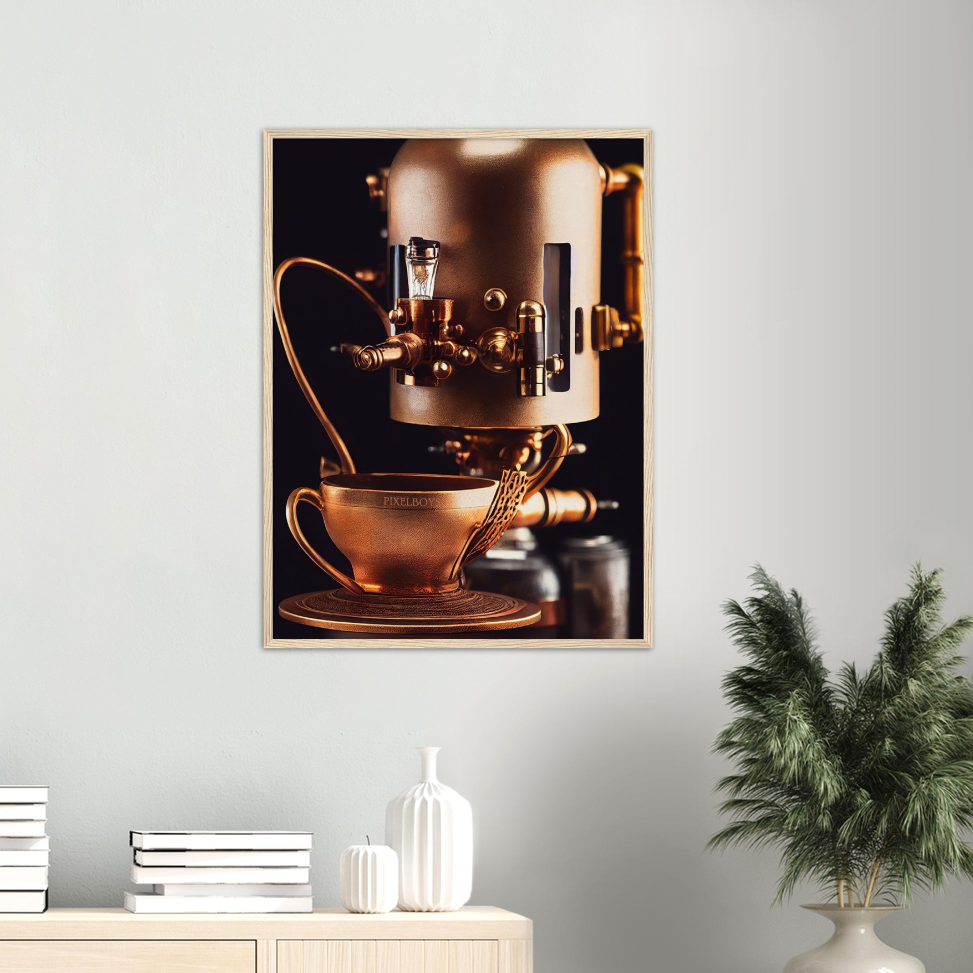 Poster mit Rahmen (Holz) - Steampunk - Coffee Maker - No.7 - Collection Cup - Pixelboys - Wandbild - Kunstwerk - Hotelkunst - Kunst auf Postern - Fine Art - Steampunk - Future - Maschine - Poster with frame - Office Poster - Art Brand - Pixelboys - Coffee House - Restaurant Poster - Wall Art - Kunstdruck - Geschenkidee - Kunst auf Acrylglas - Future Coffee Cup - Personalisierbare Tasse - Gastro Tasse - exklusiv - Acryldruck - Gastronomie Poster - Hotelposter - Teestube - Steam Punk Kitchen -   