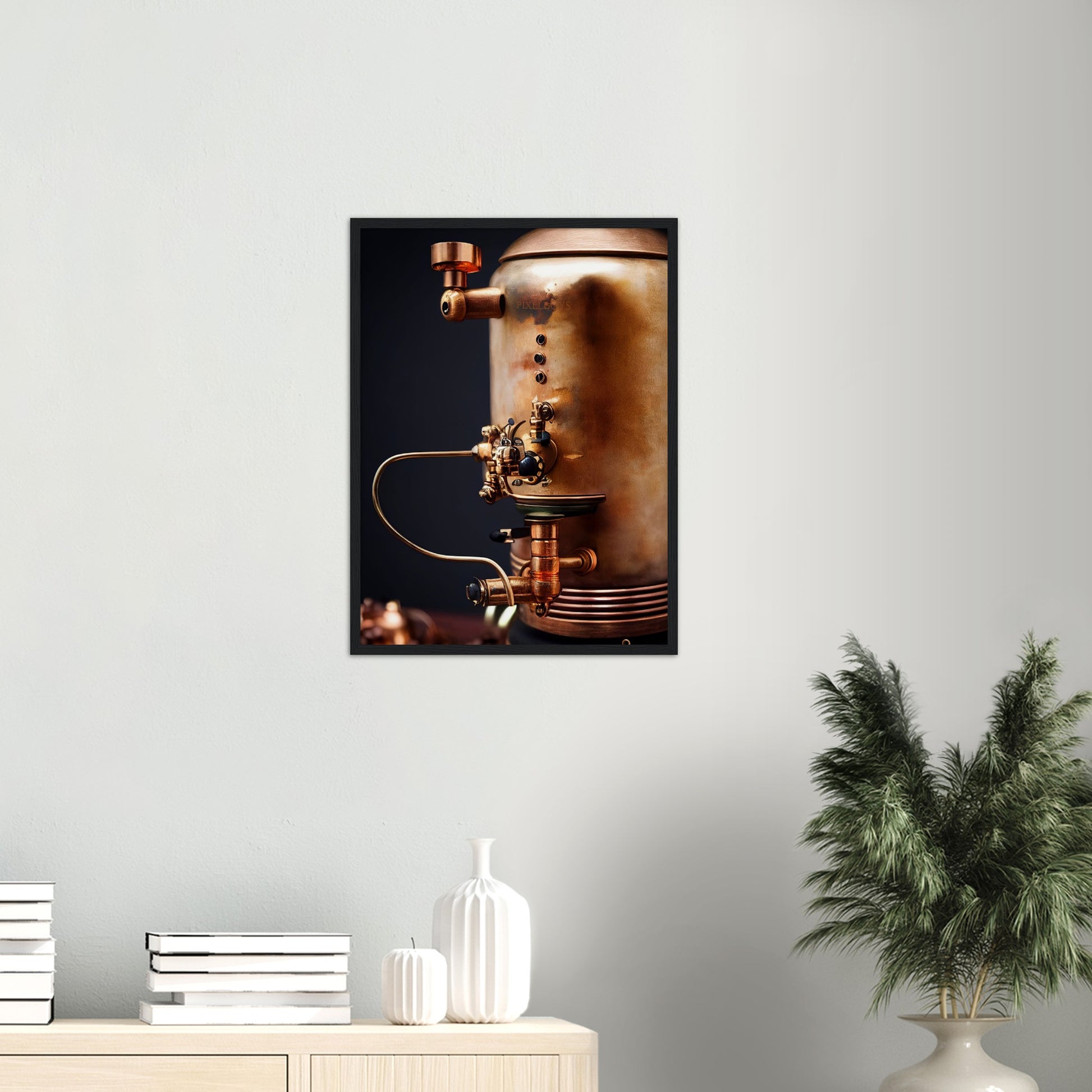  Poster mit Rahmen (Holz) - Steampunk - Coffee Maker - No.5 - Collection Cup - Pixelboys - Wandbild - Kunstwerk - Hotelkunst - Kunst auf Postern - Fine Art - Steampunk - Future - Maschine - Poster with frame - Office Poster - Art Brand - Pixelboys - Coffee House - Restaurant Poster - Wall Art - Kunstdruck - Geschenkidee - Kunst auf Acrylglas - Future Coffee Cup - Personalisierbare Tasse - Gastro Tasse - exklusiv - Acryldruck - Gastronomie Poster - Hotelposter - Steam Punk Kitchen -   