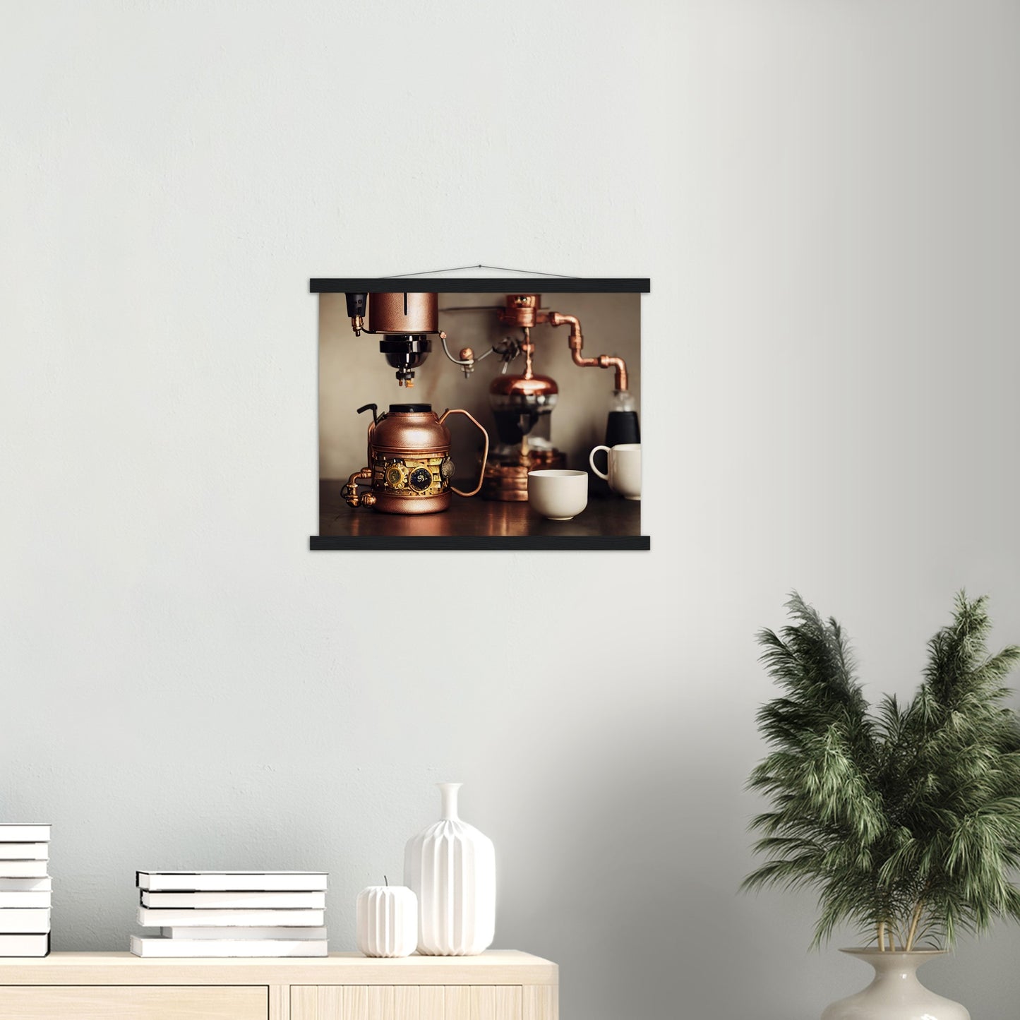 Poster mit Leisten (Holz) - in Museumsqualität - Steampunk - Coffee Maker - No.1 - Wandbild - Kunstwerk - Kunst auf Postern - Fine Art - Steampunk - Future - Maschine - Poster with frame - Office Poster - Art Brand - Pixelboys - Coffee House - Restaurant Poster - Schöner Wohnen - Dekoration - Wall Art - Kunstdruck - Geschenkidee - Kunst auf Acrylglas - Personalisierbare Tasse - Gastro Poster - Gewerbliche Poster - exklusiv