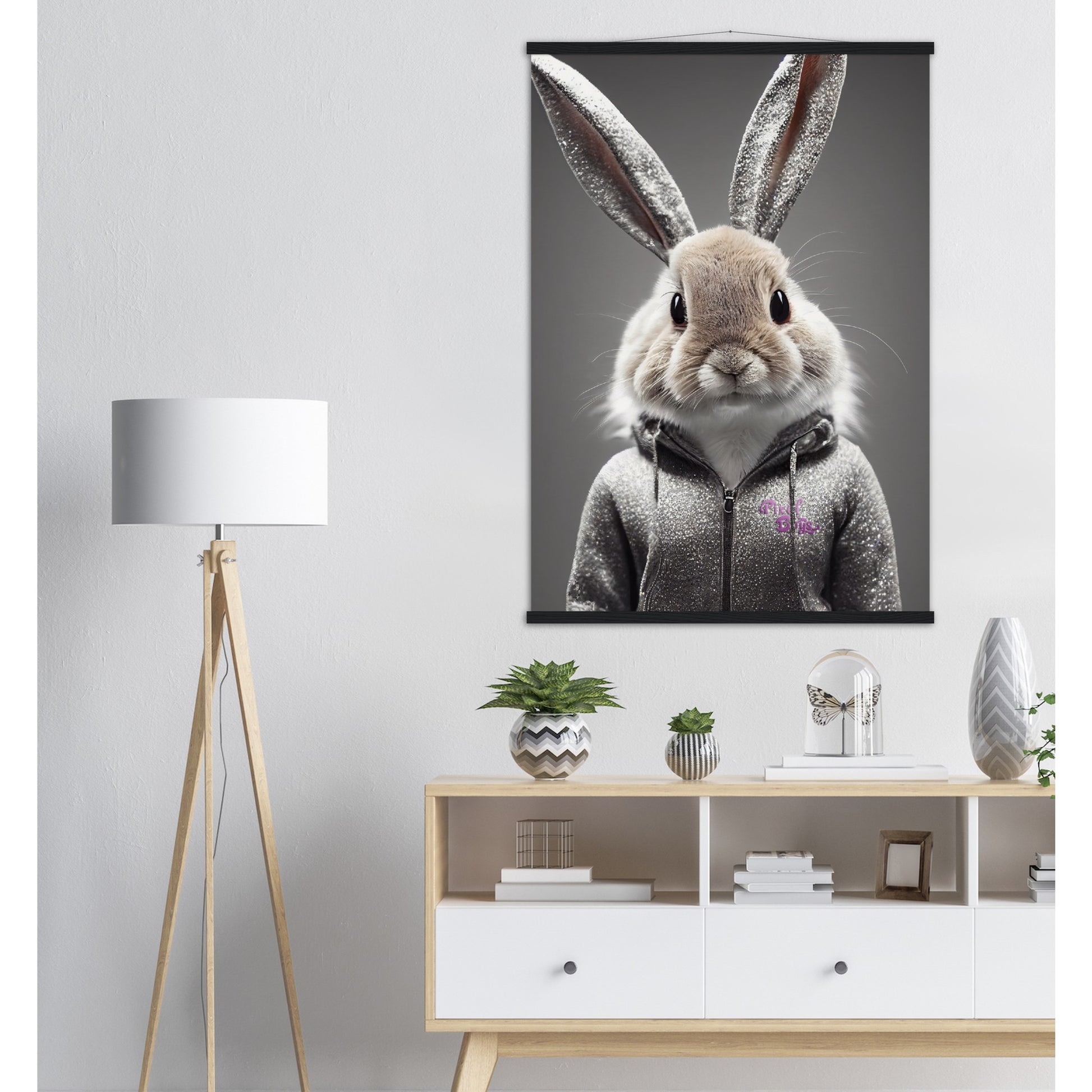 Poster mit Leisten (Holz) - in Museumsqualität - Bunny in grey tracksuit - "Cleo" - Cute - Marke:Pixelboys - Brand - Art Prints - Marke - Wandkunst - Papierstärke: 250g/qm - Wall Art - Bunny crey - Skater Betty - Hasen Gang - Original - Künstler:Pixelboys - Poster with frame - Office Poster - Trend - Wandschmuck - Atelier USA - 