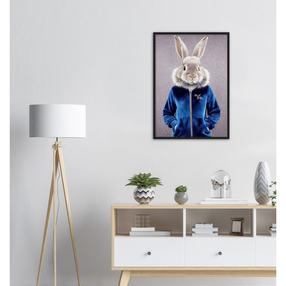 Poster mit Rahmen (Holz) - Bunny in blue Tracksuit - "Caesar" - Gang - Wandbild - Ostern - Geschenkidee - Osterhase - Bunny Crew: "Caesar" - "Constantin" - "Titus" - "Cleo" - Weisser Hase - Easter Bunny - Cute - blue Tracksuit - sweats - Gang - Modemarke -Pixelboys Brand - Caesar der Hase - Meister Lampe - Hase - Kaninchen - Karnickel - Stallhase - Künstler: "Pixelboys" - Atelier - Germany - Berlin - France - Paris - Italy - Rom - USA - America - New York City - Los Angeles - Chicago - Houston 