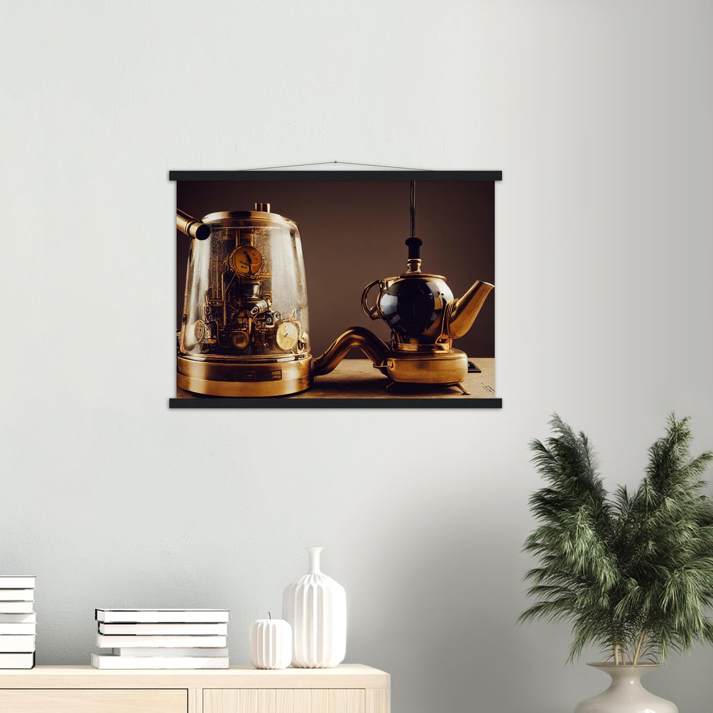 Poster mit Leisten (Holz) - in Museumsqualität - Steampunk - Coffee Maker - No.2 - Pixelboys - Wandbild - Kunstwerk - Hotelkunst - Kunst auf Postern - Fine Art - Steampunk - Future - Maschine - Poster with frame - Office Poster - Art Brand - Pixelboys - Coffee House - Restaurant Poster - Schöner Wohnen - Dekoration - Wall Art - Kunstdruck - Geschenkidee - Kunst auf Acrylglas - Future Coffee Cup - Personalisierbare Tasse - Gastro Poster -  Gewerbliche Poster - exklusiv - Gastronomie Poster - Hotelposter -