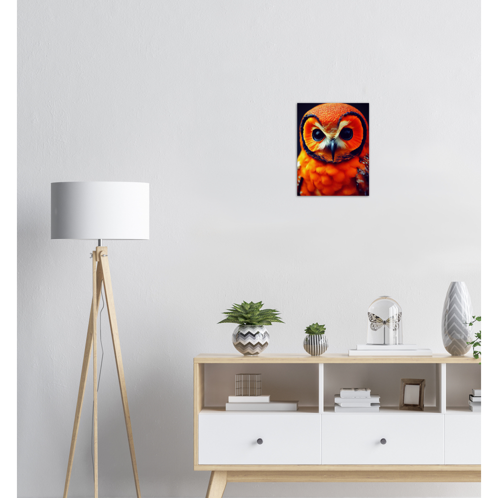 Poster in Museumsqualität - Fruit Owl No. 1 - "Orangina", the orange owl - Serie Fruit Owls - Schleiereulen - lat. Tytonidae - Fruchteulen - Vogel - Bird - Strigiformes - Noctua - Ornithologie - Kunstwerk - Acryldruck - Poster mit Rahmen - Poster mit Leisten - Bedruckte Tassen - Kunst Marke - Art Brand - Pixelboys - Kunstdruck - Acrylbild - Wandbild - Kunstdrucke - Papier: 250g/qm - Künstler: John Grayst & Pixelboys - Eulen - Owl-  - Atelier - England - London - Birmingham - Manchester - Leeds - Liverpool 