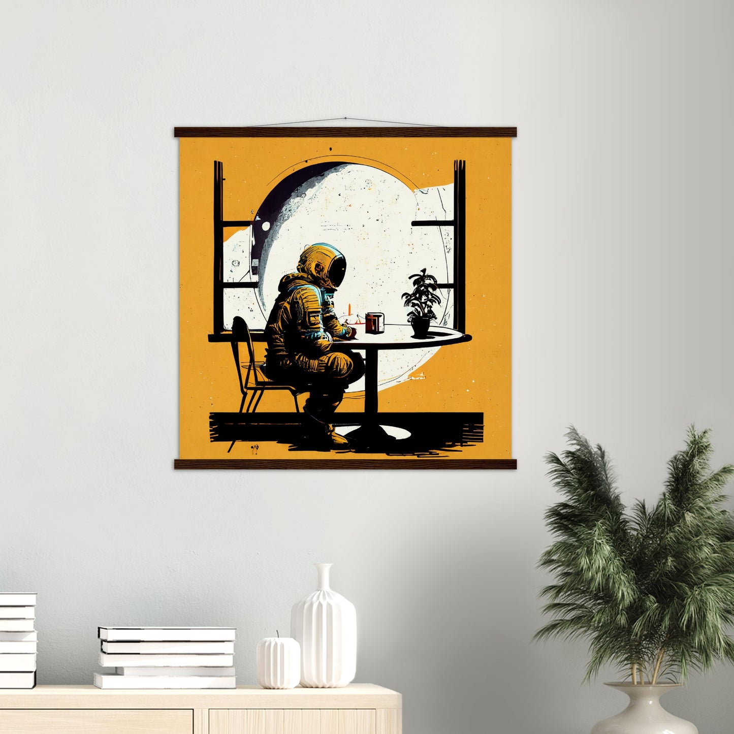 Poster mit Leisten (Holz) in Museumsqualität - The waiting Astronaut - Michael - Illustration - Astronaut - Waiting - Posterleisten - USA - Fineart - Posterrahmen  - Wandkunst - Holzrahmen - Poster with frame - people of color - artwork - art brand - printed cup personalized - Holzleisten - pixelboys - Kunstdrucke - wandbilder - wall art - Kunst auf Tassen  - Office Poster - Gastrotassen - Wanddekoration - Acrylkunst - Geschenkidee - Office Poster - Acryldruck - Abstrakte Kunst -