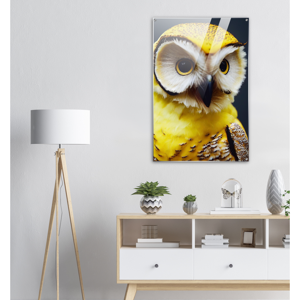 Acrylbild - Fruit Owl No. 3 - "Benny", the Banana Owl - Wandkunst - Kunstdruck - (lat. tyto musa) - Bananeneule - Schleiereulen - Fruchteulen - Vogel - Bird - Strigiformes - Noctua - Ornithologie - Kunstwerk  - Office Poster - Poster mit Rahmen - Kaffee Tasse - Poster mit Leisten - Bedruckte Tassen - Kunst Marke - Art Brand - Acryldruck - Wandbild - Kunstdrucke - Papier: 250g/qm - Künstler: John Grayst & Pixelboys - Eulen - Owl - Geschenkidee - 