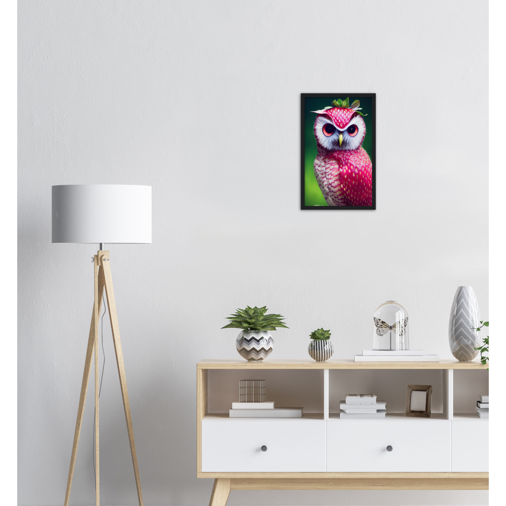 Poster in Rahmen (Holz) - Fruit Owl No. 2 - "Berry", the Strawberry Owl - Serie Fruit Owls - Wandkunst - Kunstdruck - (fiktiv: lat.  Pulsatrix Fragaria) - Erdbeere - Schleiereulen - Fruchteulen - Vogel - Bird - Strigiformes - Noctua - Ornithologie - Kunstwerk  - Office Poster - Poster mit Rahmen - Kaffee Tasse - Poster mit Leisten - Bedruckte Tassen - Kunst Marke - Art Brand - Acrylbild - Wandbild - Kunstdrucke - Papier: 250g/qm - Künstler: John Grayst & Pixelboys - Eulen - Owl - Geschenkidee - 