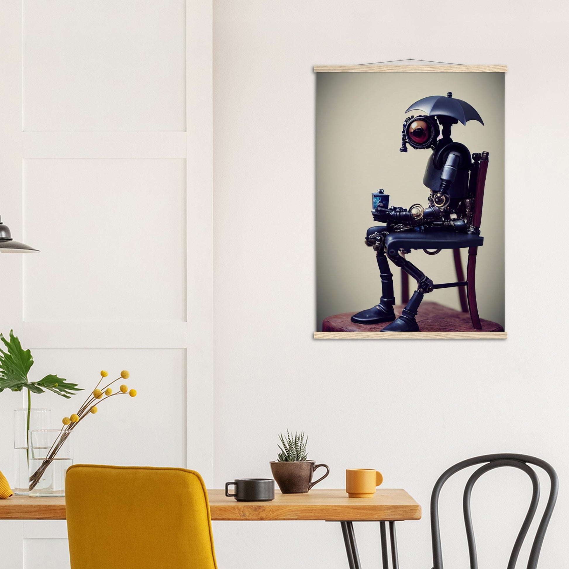  Poster mit Leisten (Holz) in Museumsqualität - Tiny robot with an umbrella "Louis" - Regenschirm - Acryldruck - Wandkunst - Customizable Coffee Cup - Personalized Gifts - Kunstdruck - Kleine Roboter - Acryldruck - Little Robots - Personalized Gifts - Tiny  - Steampunk - zukunft - Poster with frame - Kunstwerk - Office Poster - Poster mit Rahmen - Kaffee Tasse - Poster - Bedruckte Tassen - Kunst Marke - Art Brand - Kunstdrucke - Künstler: John Grayst & Pixelboys - emotional robots - Geschenkidee -