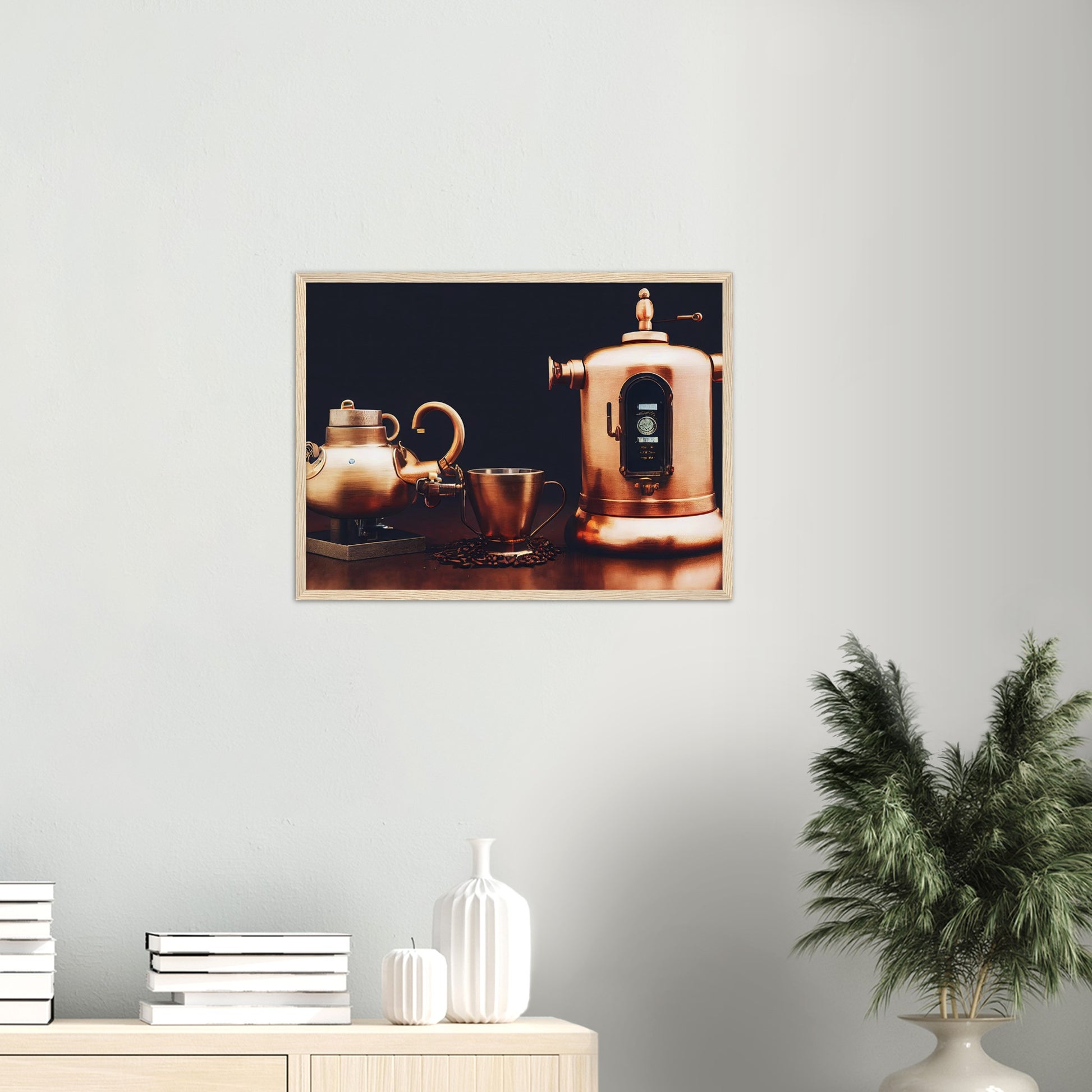 Poster mit Rahmen (Holz) - in Museumsqualität - Steampunk - Coffee Maker - No.4 - Collection Cup - Pixelboys - Wandbild - Kunstwerk - Hotelkunst - Kunst auf Postern - Fine Art - Steampunk - Future - Maschine - Poster with frame - Office Poster - Art Brand - Pixelboys - Coffee House - Restaurant Poster - Wall Art - Kunstdruck - Geschenkidee - Kunst auf Acrylglas - Future Coffee Cup - Personalisierbare Tasse - Gastro Tasse - exklusiv - Gastronomie Poster - Hotelposter - Steam Punk Kitchen - Acryldruck