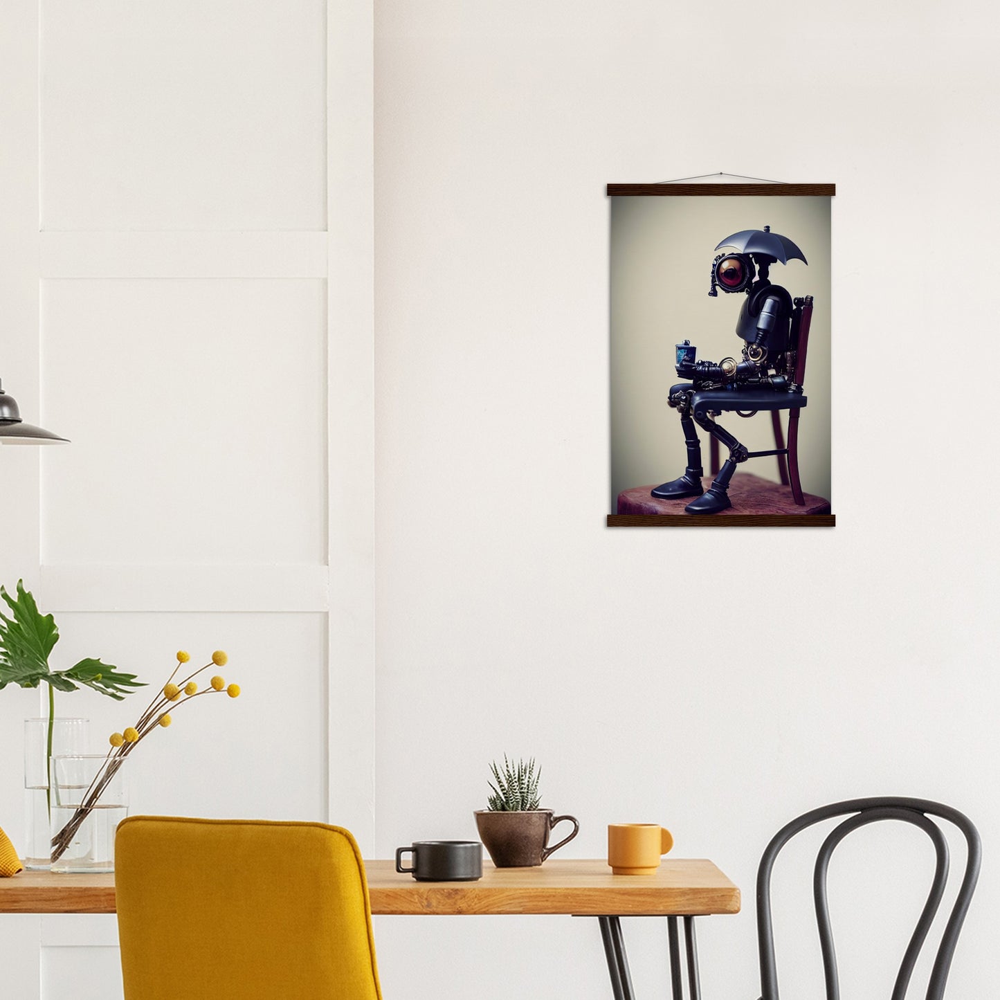  Poster mit Leisten (Holz) in Museumsqualität - Tiny robot with an umbrella "Louis" - Regenschirm - Acryldruck - Wandkunst - Customizable Coffee Cup - Personalized Gifts - Kunstdruck - Kleine Roboter - Acryldruck - Little Robots - Personalized Gifts - Tiny  - Steampunk - zukunft - Poster with frame - Kunstwerk - Office Poster - Poster mit Rahmen - Kaffee Tasse - Poster - Bedruckte Tassen - Kunst Marke - Art Brand - Kunstdrucke - Künstler: John Grayst & Pixelboys - emotional robots - Geschenkidee -