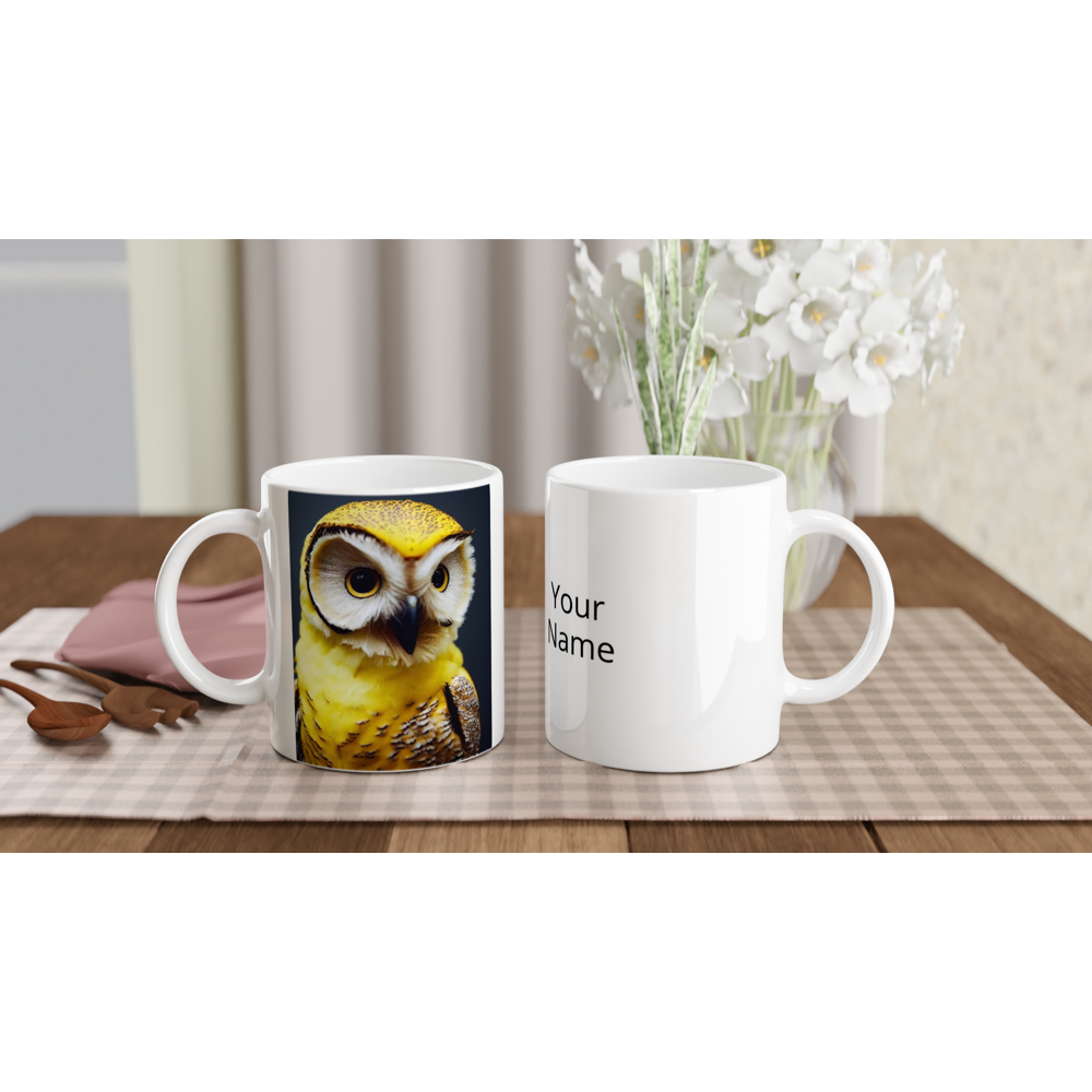 Personalisierbare Tasse - Fruit Owl No. 3 - "Benny", the Banana Owl - Wandkunst - Kunstdruck - (lat. tyto musa) - Bananeneule - Schleiereulen - Fruchteulen - Vogel - Bird - Strigiformes - Noctua - Ornithologie - Kunstwerk  - Office Poster - Poster mit Rahmen - Kaffee Tasse - Poster mit Leisten - Bedruckte Tassen - Kunst Marke - Art Brand - Acryldruck - Wandbild - Kunstdrucke - Papier: 250g/qm - Künstler: John Grayst & Pixelboys - Eulen - Owl - Geschenkidee - 