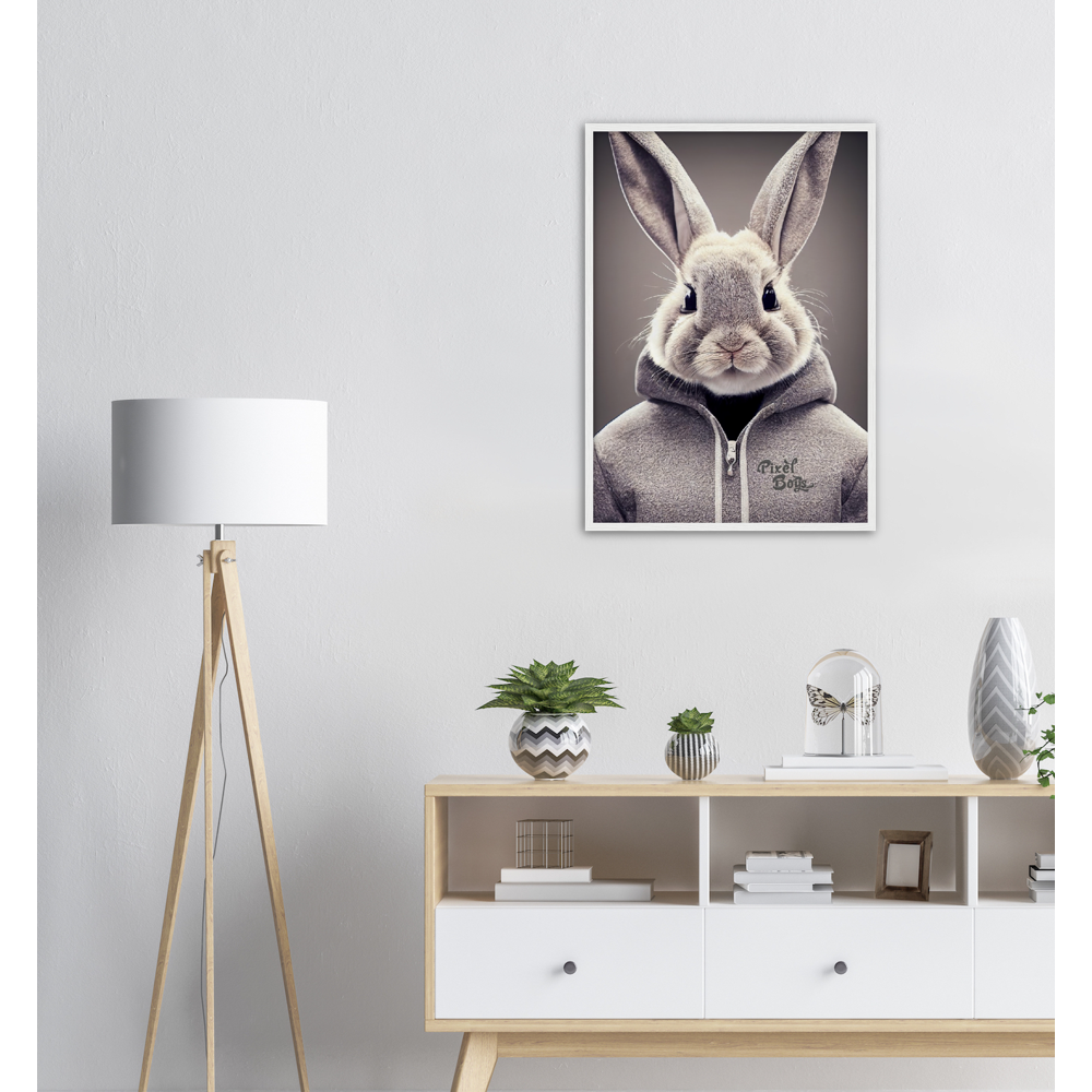 Poster mit Rahmen (Holz) - Bunny in grey Hoodie - "Constantin" - Fashion Gang - Wandbild - Ostern - Geschenkidee - Osterhase - Bunny Crew: "Constantin" - "Caesar" - "Titus" - "Cleo" - Weisser Hase - Easter Bunny - Cute - grey Hoodie - sweats - Alice's Adventures in Wonderland - Modemarke - Pixelboys Brand - Constantin der Hase - Hase - Kaninchen  - Künstler: "Pixelboys" - Atelier - Germany - Berlin - Hamburg - Colgne - France - Paris - Italy - Rom - USA - America - New York City - Los Angeles - Chicago - 