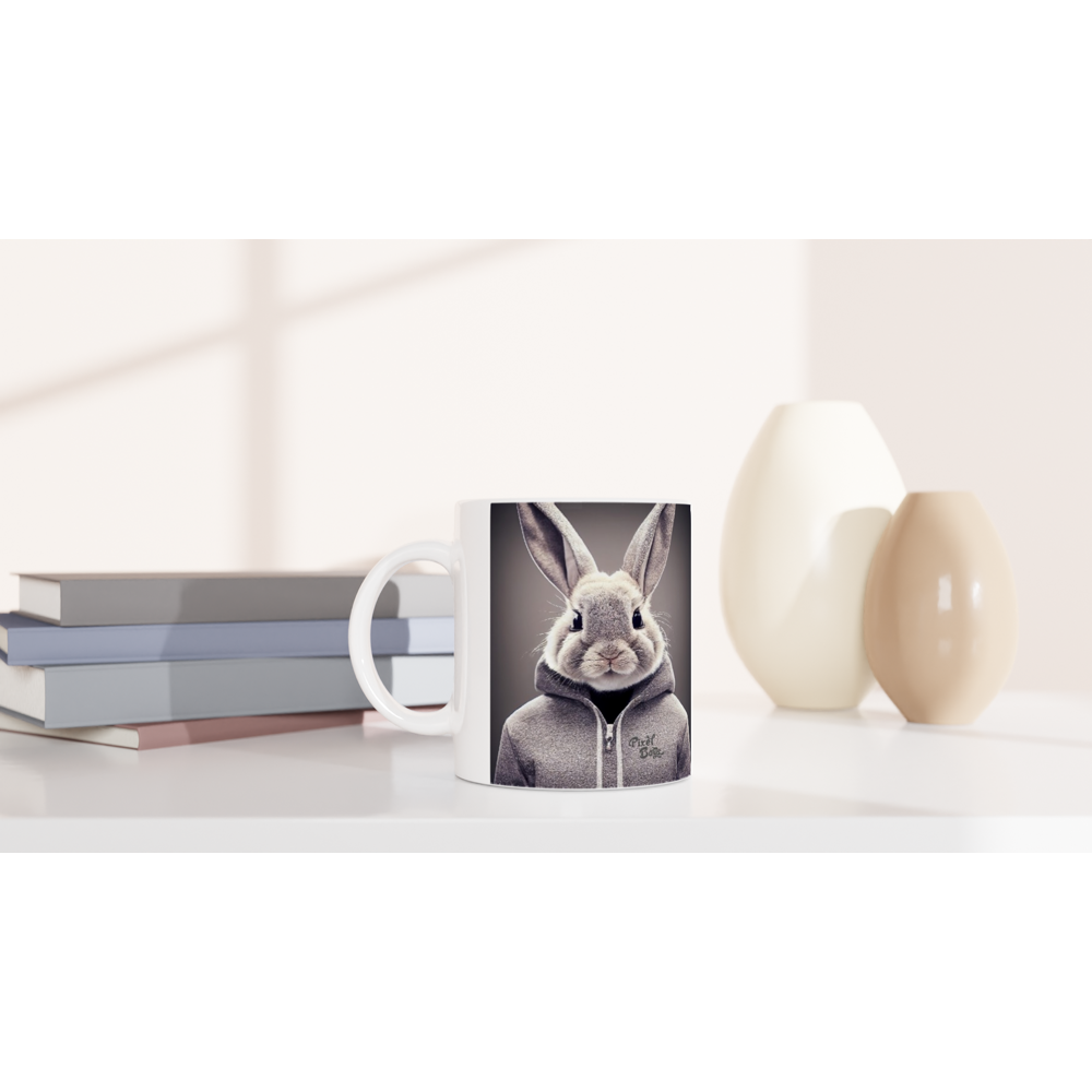 Personalisierte Tasse - Bunny in grey Hoodie - "Constantin" - Fashion Gang - Becher - Ostern - Geschenkidee - Osterhase - Bunny Crew: "Constantin" - "Caesar" - "Titus" - "Cleo" - Weisser Hase - Easter Bunny - Cute - grey tracksuit - sweats - Alice's Adventures in Wonderland - Modemarke - Pixelboys Brand - Constantin der Hase - Hase - Kaninchen  - Künstler: "Pixelboys" - Atelier - Germany - Berlin - Hamburg - Colgne - France - Paris - Italy - Rom - USA - America - New York City - Los Angeles - Chicago - 