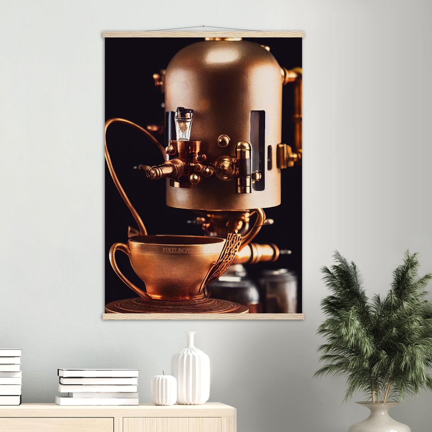 Poster mit Leisten (Holz) - Steampunk - Coffee Maker - No.7 - Collection Cup - Pixelboys - Wandbild - Kunstwerk - Hotelkunst - Kunst auf Postern - Fine Art - Steampunk - Future - Maschine - Poster with frame - Office Poster - Art Brand - Pixelboys - Coffee House - Restaurant Poster - Wall Art - Kunstdruck - Geschenkidee - Kunst auf Acrylglas - Future Coffee Cup - Personalisierbare Tasse - Gastro Tasse - exklusiv - Acryldruck - Gastronomie Poster - Hotelposter - Teestube - Steam Punk Kitchen -   