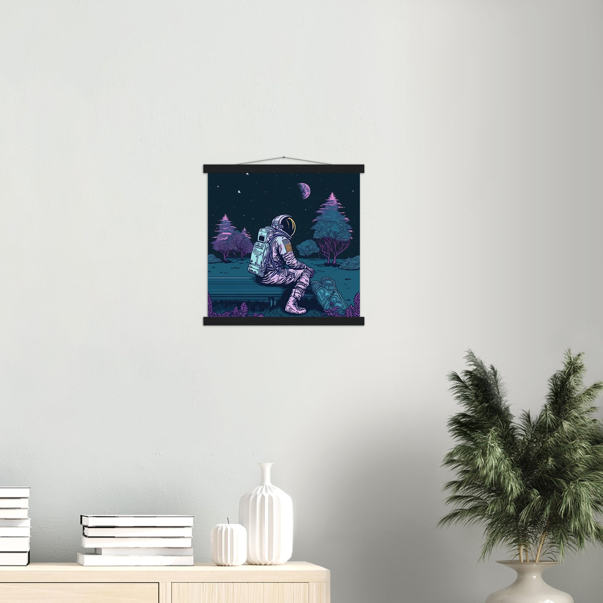 Poster mit Leisten (Holz) - in Museumsqualität - Stargazing Astronaut - John - Illustration - Astronaut - Parkbank - Rocketman - Posterleisten - USA - Fineart - Posterrahmen  - Wandkunst - Holzrahmen - Poster with frame - artwork - art brand - printed cup personalized - Holzleisten - pixelboys - Kunstdrucke - wandbilder - wall art - Kunst auf Tassen  - Office Poster - Gastrotassen - Wanddekoration - Acrylkunst - Geschenkidee - Office Poster - Acryldruck - Abstrakte Kunst -