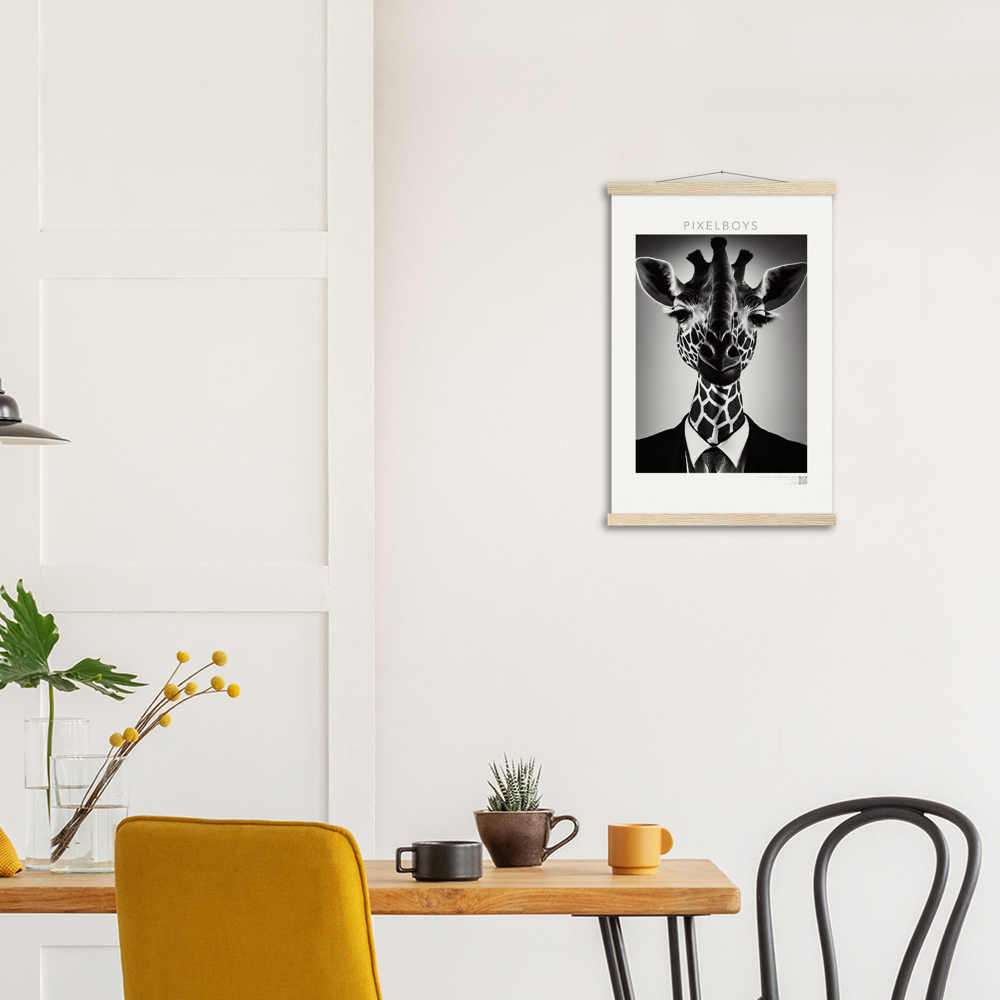 Poster mit Leisten (Holz) - "The giraffe knows" - Business Animals No. 2 "Bridget" - Künstler: "John Grayst" Kunstdruck - Wandbild - Poster - Pixelboys - Atelier - Milano - Berlin - Munich - Madrid - New York - Dubai - Paris - Tokio - Rom - Lisbon - Ottawa - Bern Switzerland - Amsterdam - Seoul - Vancouver - Antwerpen -