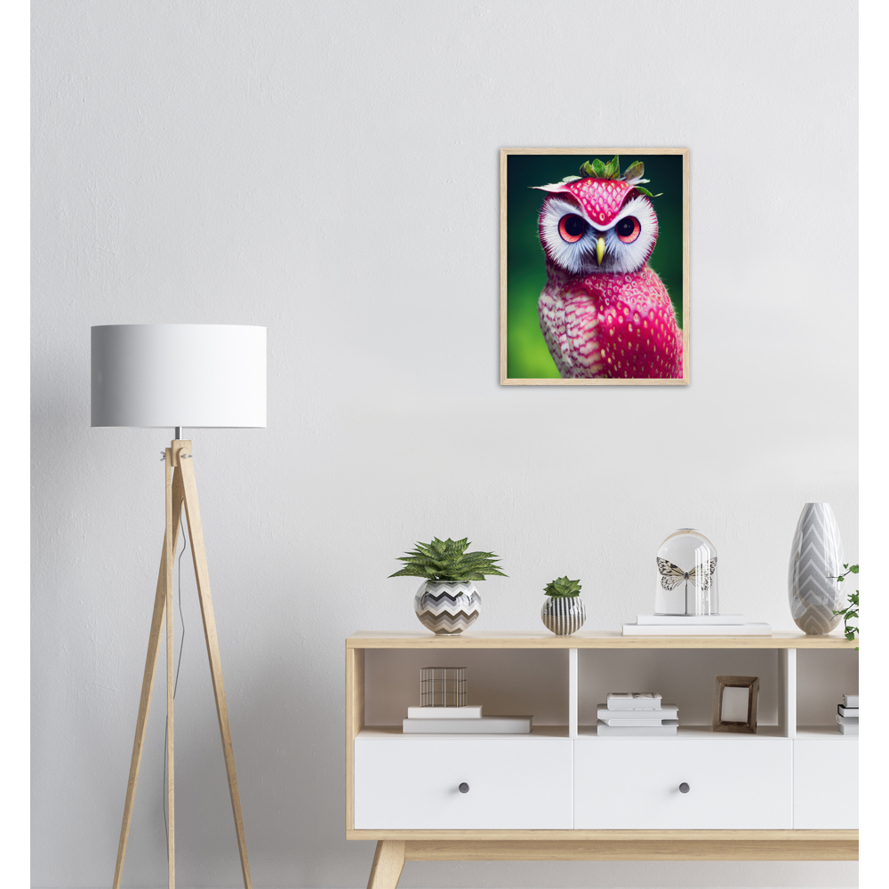 Poster in Rahmen (Holz) - Fruit Owl No. 2 - "Berry", the Strawberry Owl - Serie Fruit Owls - Wandkunst - Kunstdruck - (fiktiv: lat.  Pulsatrix Fragaria) - Erdbeere - Schleiereulen - Fruchteulen - Vogel - Bird - Strigiformes - Noctua - Ornithologie - Kunstwerk  - Office Poster - Poster mit Rahmen - Kaffee Tasse - Poster mit Leisten - Bedruckte Tassen - Kunst Marke - Art Brand - Acrylbild - Wandbild - Kunstdrucke - Papier: 250g/qm - Künstler: John Grayst & Pixelboys - Eulen - Owl - Geschenkidee - 