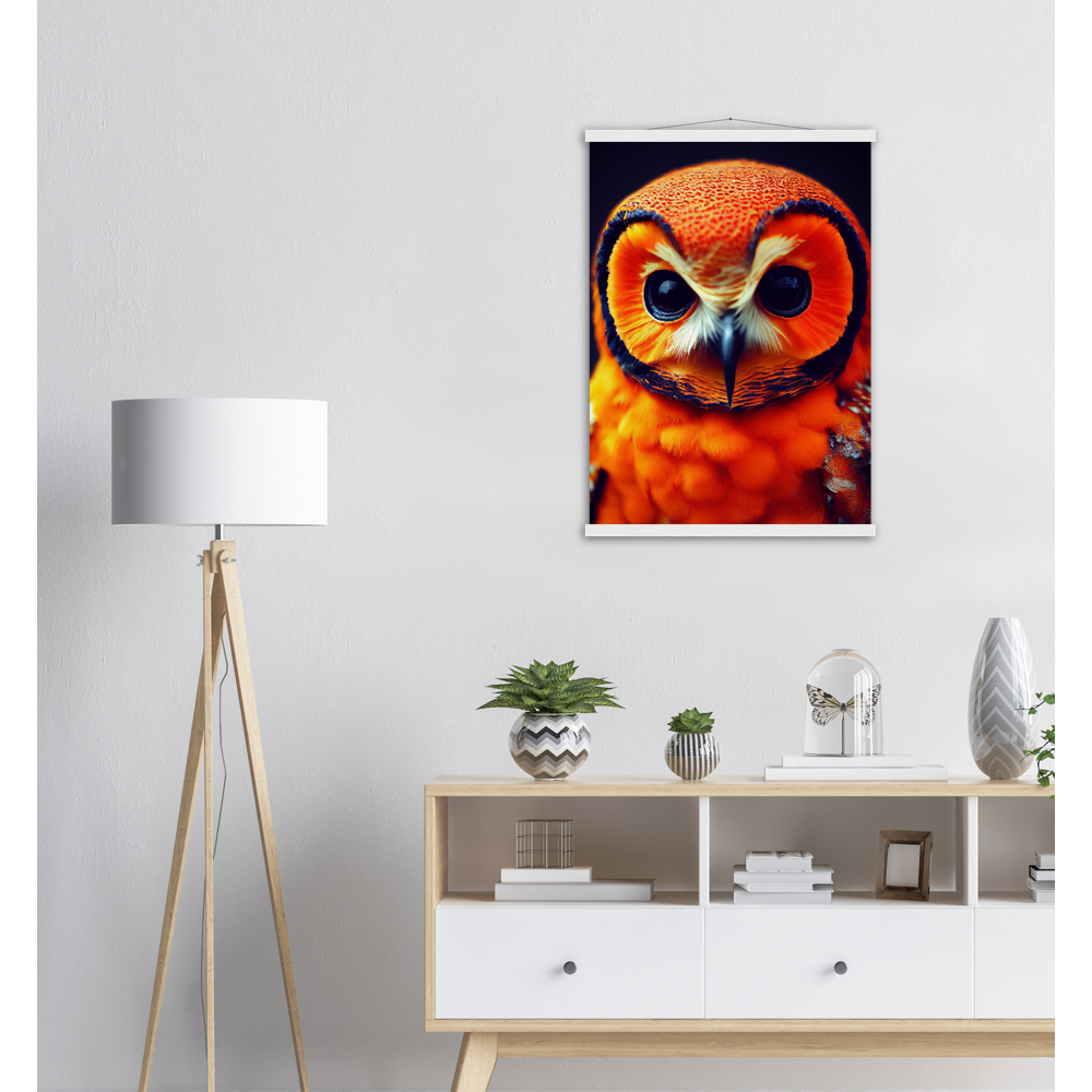 Poster mit Leisten (Holz) - Fruit Owl No. 1 - "Orangina", the orange owl - Serie Fruit Owls - Schleiereulen - lat. Tytonidae - Fruchteulen - Vogel - Bird - Strigiformes - Noctua - Ornithologie - Kunstwerk - Acryldruck - Poster mit Rahmen - Poster mit Leisten - Bedruckte Tassen - Kunst Marke - Art Brand - Pixelboys - Kunstdruck - Acrylbild - Wandbild - Kunstdrucke - Papier: 250g/qm - Künstler: John Grayst & Pixelboys - Eulen - Owl-  - Atelier - England - London - Birmingham - Manchester - Leeds - Liverpool  