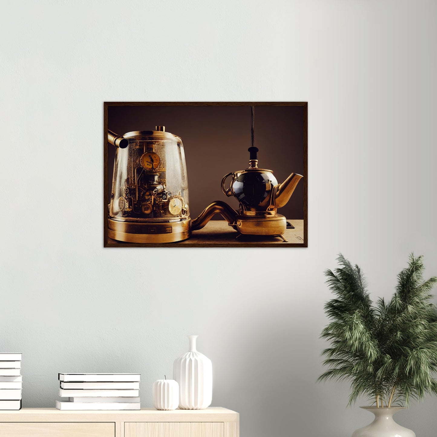 Poster mit Rahmen (Holz) - in Museumsqualität - Steampunk - Coffee Maker - No.2 - Pixelboys - Wandbild - Kunstwerk - Hotelkunst - Kunst auf Postern - Fine Art - Steampunk - Future - Maschine - Poster with frame - Office Poster - Art Brand - Pixelboys - Coffee House - Restaurant Poster - Schöner Wohnen - Dekoration - Wall Art - Kunstdruck - Geschenkidee - Kunst auf Acrylglas - Future Coffee Cup - Personalisierbare Tasse - Gastro Poster -  Gewerbliche Poster - exklusiv - Gastronomie Poster - Hotelposter -