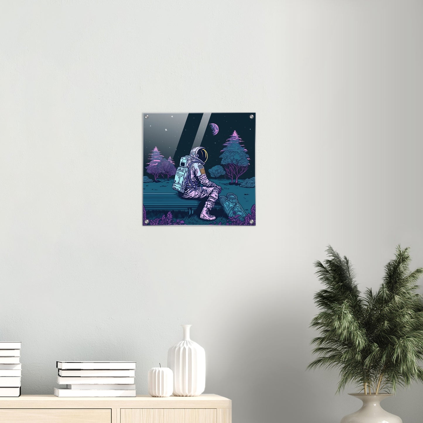 Acrylbild auf Glas - in Museumsqualität - Stargazing Astronaut - John - Illustration - Astronaut - Parkbank - Rocketman - Posterleisten - USA - Fineart - Posterrahmen  - Wandkunst - Holzrahmen - Poster with frame - artwork - art brand - printed cup personalized - Holzleisten - pixelboys - Kunstdrucke - wandbilder - wall art - Kunst auf Tassen  - Office Poster - Gastrotassen - Wanddekoration - Acrylkunst - Geschenkidee - Office Poster - Acryldruck - Abstrakte Kunst -