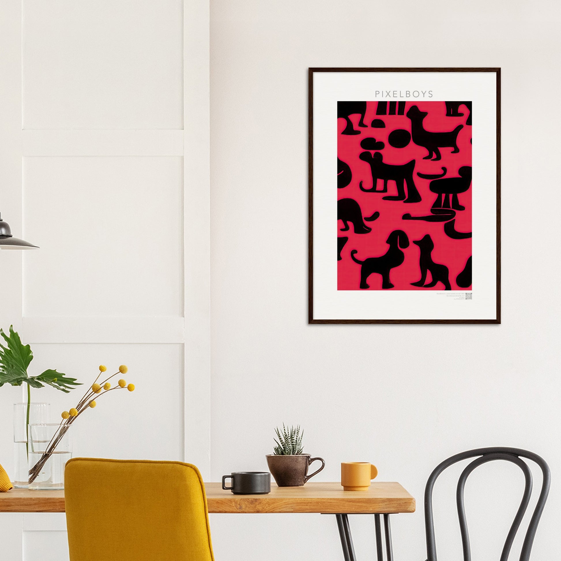 Poster mit Rahmen (Holz) - in Museumsqualität - Doodlemania "weird animals on red"- No.2 - Hunde - Katzen - Doodle Kunst - dogs - Cats - gastro - Poster mit Rahmen - doodle artwork - Acrylbild - Kunstdruck - Wandbild - office Poster - Poster with frame -  Künstler: Pixelboys & The Unknown Artist Nb.517 - keith haring - anti stress art - Gastro Art -Art Brand - 