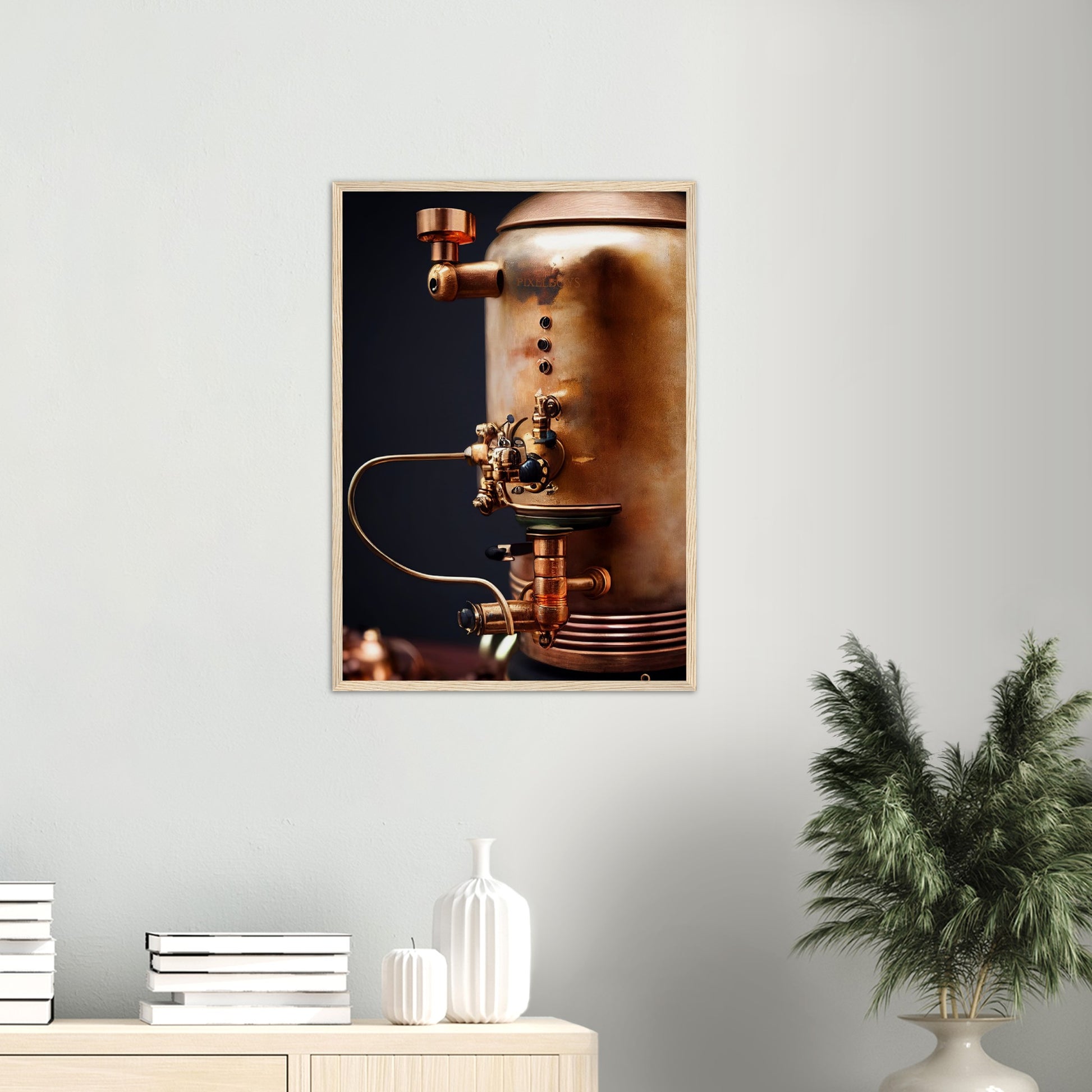  Poster mit Rahmen (Holz) - Steampunk - Coffee Maker - No.5 - Collection Cup - Pixelboys - Wandbild - Kunstwerk - Hotelkunst - Kunst auf Postern - Fine Art - Steampunk - Future - Maschine - Poster with frame - Office Poster - Art Brand - Pixelboys - Coffee House - Restaurant Poster - Wall Art - Kunstdruck - Geschenkidee - Kunst auf Acrylglas - Future Coffee Cup - Personalisierbare Tasse - Gastro Tasse - exklusiv - Acryldruck - Gastronomie Poster - Hotelposter - Steam Punk Kitchen -   