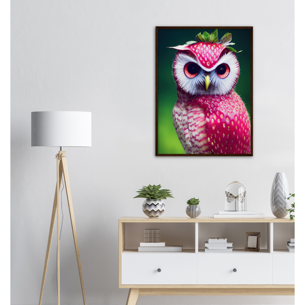 Poster in Rahmen (Holz) - Fruit Owl No. 2 - "Berry", the Strawberry Owl - Serie Fruit Owls - Wandkunst - Kunstdruck - (fiktiv: lat.  Pulsatrix Fragaria) - Erdbeere - Schleiereulen - Fruchteulen - Vogel - Bird - Strigiformes - Noctua - Ornithologie - Kunstwerk  - Office Poster - Poster mit Rahmen - Kaffee Tasse - Poster mit Leisten - Bedruckte Tassen - Kunst Marke - Art Brand - Acrylbild - Wandbild - Kunstdrucke - Papier: 250g/qm - Künstler: John Grayst & Pixelboys - Eulen - Owl - Geschenkidee - 