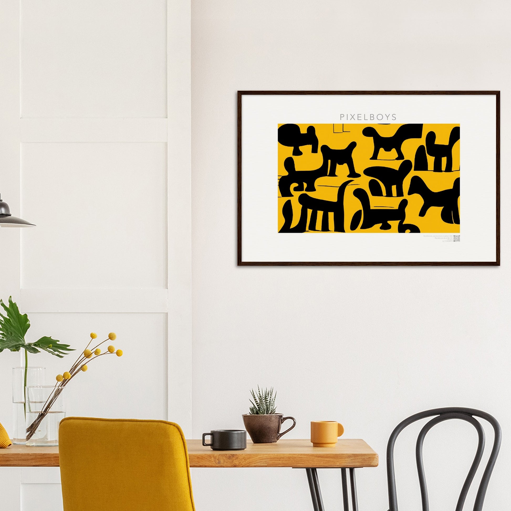 Poster mit Rahmen (Holz) - Doodlemania "weird animals on yellow" - No.3 - bedruckte Tasse-  gelb - Cup - Hunde - Katzen - Doodle Kunst - dogs - Cats - gastro - Poster mit Rahmen - doodle artwork - Acrylbild - Kunstdruck - Wandbild - office Poster - Poster with frame -  Künstler: Pixelboys & The Unknown Artist Nb.517 - keith haring - Gastro Art - anti stress art - Art Brand - Kunstdruck - Gastro Tasse - 