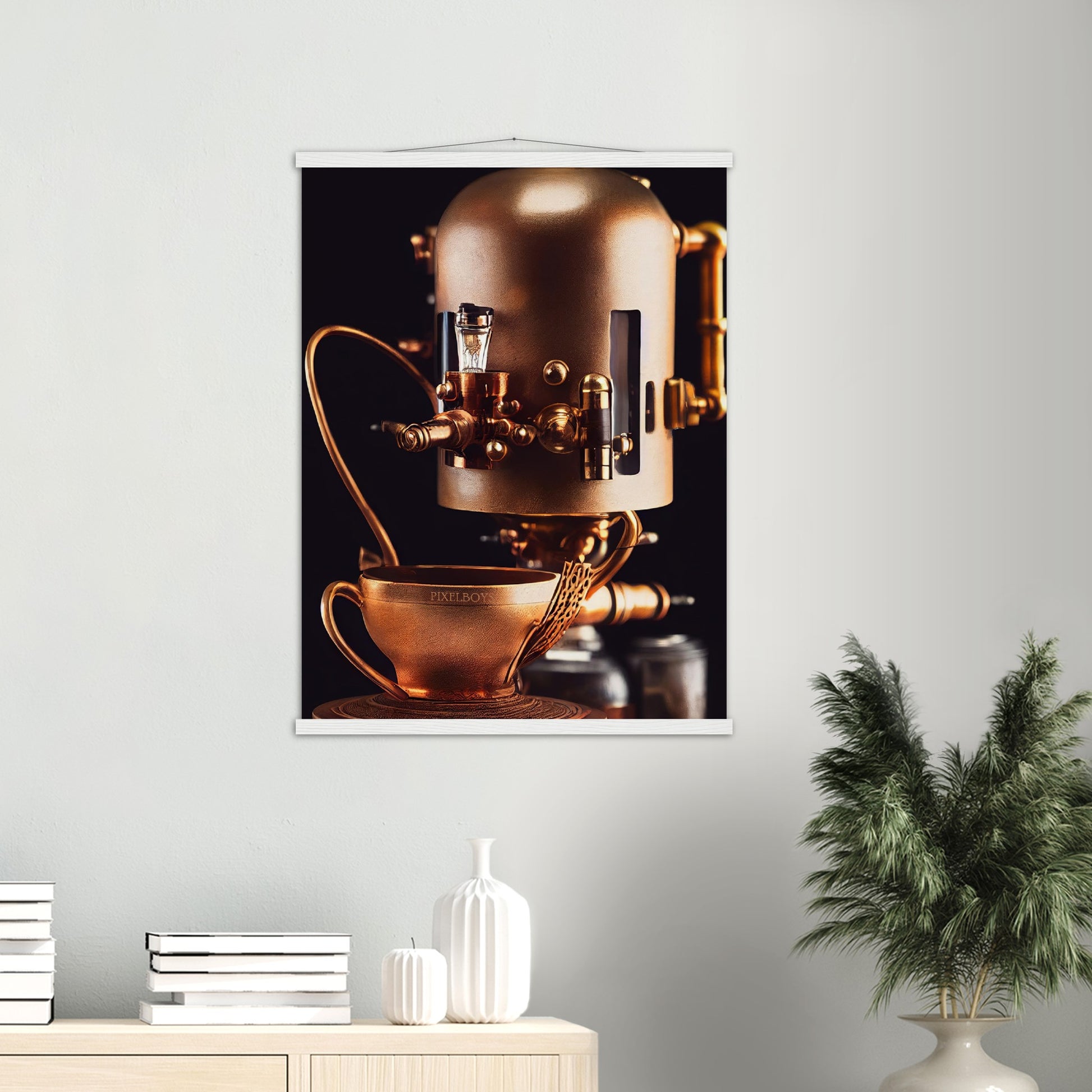 Poster mit Leisten (Holz) - Steampunk - Coffee Maker - No.7 - Collection Cup - Pixelboys - Wandbild - Kunstwerk - Hotelkunst - Kunst auf Postern - Fine Art - Steampunk - Future - Maschine - Poster with frame - Office Poster - Art Brand - Pixelboys - Coffee House - Restaurant Poster - Wall Art - Kunstdruck - Geschenkidee - Kunst auf Acrylglas - Future Coffee Cup - Personalisierbare Tasse - Gastro Tasse - exklusiv - Acryldruck - Gastronomie Poster - Hotelposter - Teestube - Steam Punk Kitchen -   