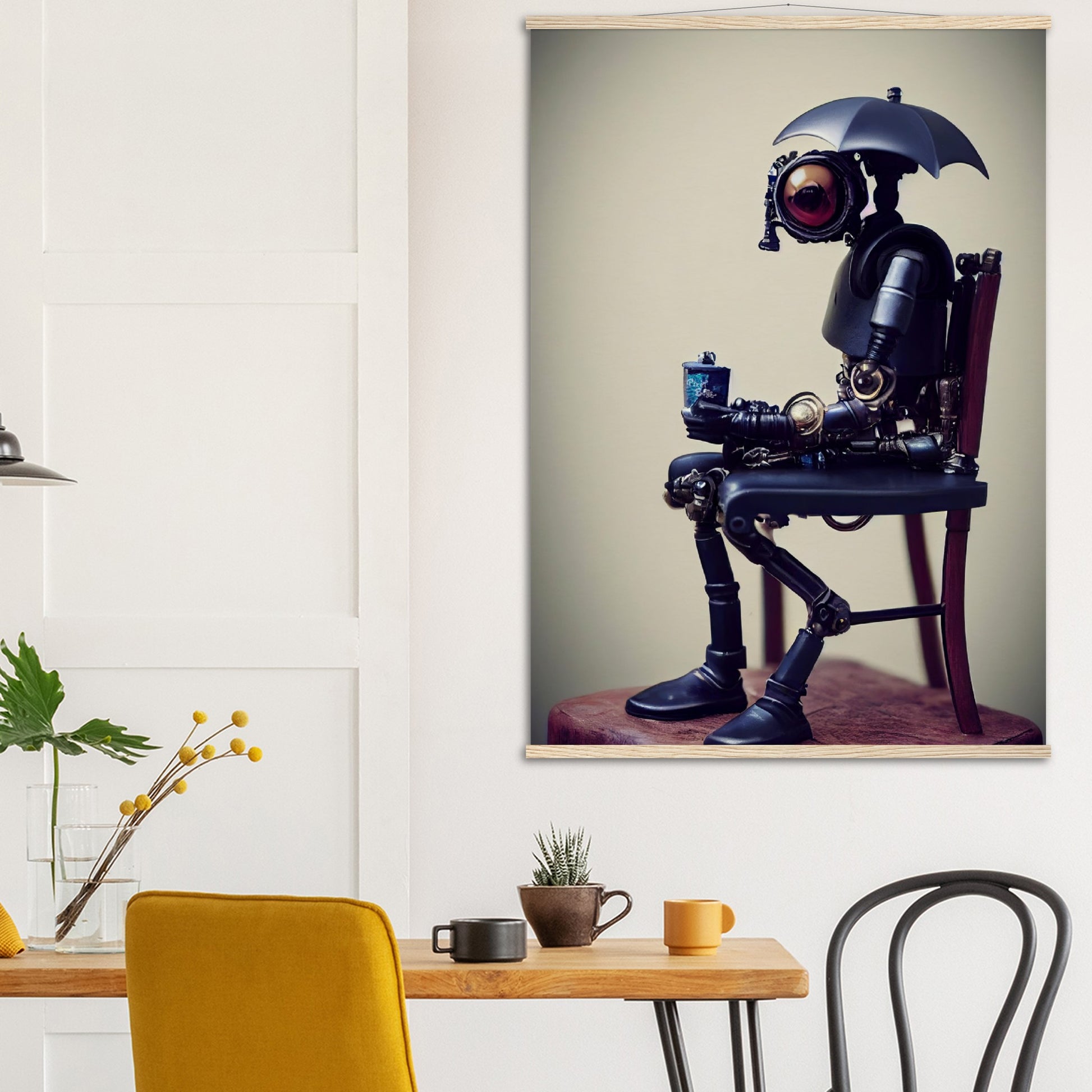  Poster mit Leisten (Holz) in Museumsqualität - Tiny robot with an umbrella "Louis" - Regenschirm - Acryldruck - Wandkunst - Customizable Coffee Cup - Personalized Gifts - Kunstdruck - Kleine Roboter - Acryldruck - Little Robots - Personalized Gifts - Tiny  - Steampunk - zukunft - Poster with frame - Kunstwerk - Office Poster - Poster mit Rahmen - Kaffee Tasse - Poster - Bedruckte Tassen - Kunst Marke - Art Brand - Kunstdrucke - Künstler: John Grayst & Pixelboys - emotional robots - Geschenkidee -