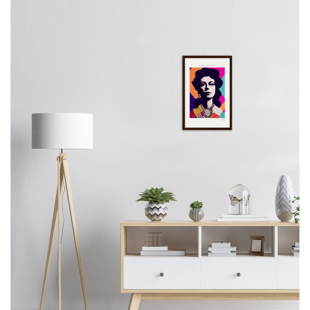 Poster mit Rahmen (Holz) - in Museumsqualität - The Queen No.3 - HRH in cubes - Kunstdruck - 250g/qm - Queen Elisabeth II - Monarch - HRH - His/Her Royal Highness - Groß Britannien - Commonwealth - The Royal Family - Wandbild - Kubismus - synthetischen Kubismus - Georges Braque - Künstler: "John Grayst" - Atelier - UK - GB - London - RIP 