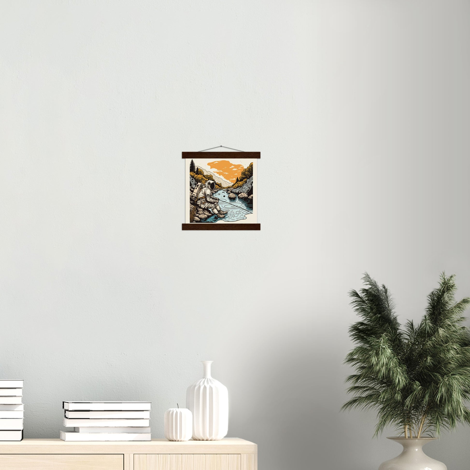 Poster mit Leisten (Holz) - in Museumsqualität - Fishing Astronaut - Buzz - Angeln - Astronaut - Natur - Posterleisten - USA - Fineart - Posterrahmen  - Wandkunst - Holzrahmen - Poster with frame - people of color - artwork - art brand - printed cup personalized - Holzleisten - pixelboys - Kunstdrucke - wandbilder - wall art - Kunst auf Tassen  - Office Poster - Gastrotassen - Wanddekoration - Acrylkunst - Geschenkidee - Office Poster - Acryldruck - Abstrakte Kunst -