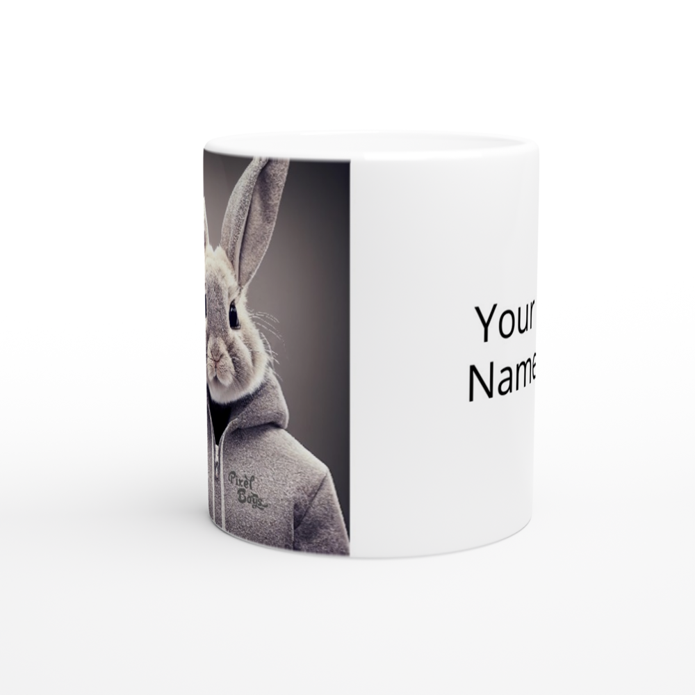 Personalisierte Tasse - Bunny in grey Hoodie - "Constantin" - Fashion Gang - Becher - Ostern - Geschenkidee - Osterhase - Bunny Crew: "Constantin" - "Caesar" - "Titus" - "Cleo" - Weisser Hase - Easter Bunny - Cute - grey tracksuit - sweats - Alice's Adventures in Wonderland - Modemarke - Pixelboys Brand - Constantin der Hase - Hase - Kaninchen  - Künstler: "Pixelboys" - Atelier - Germany - Berlin - Hamburg - Colgne - France - Paris - Italy - Rom - USA - America - New York City - Los Angeles - Chicago - 