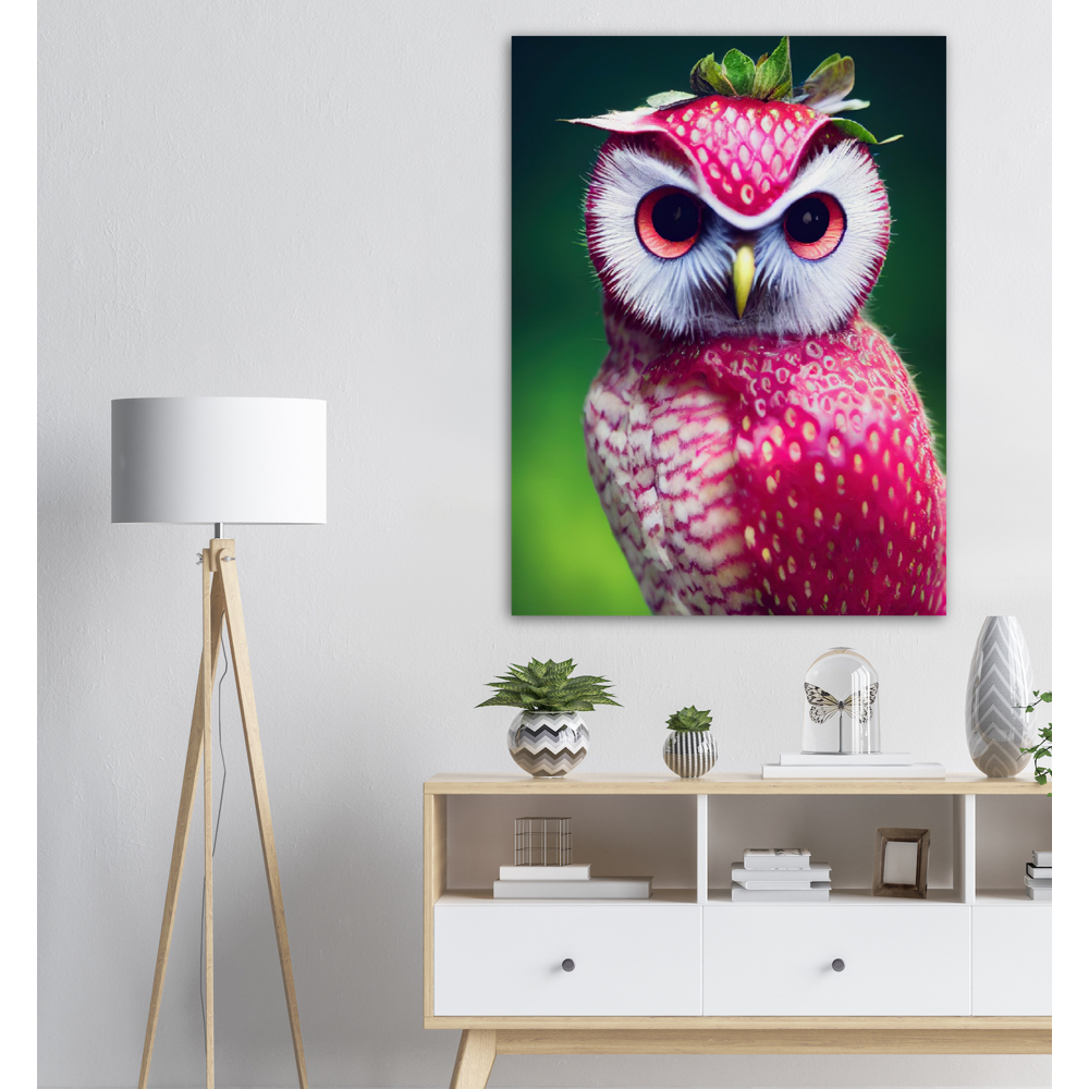 Poster in Museumsqualität - Fruit Owl No. 2 - "Berry", the Strawberry Owl - Serie Fruit Owls - Wandkunst - Kunstdruck - (fiktiv: lat.  Pulsatrix Fragaria) - Erdbeere - Schleiereulen - Fruchteulen - Vogel - Bird - Strigiformes - Noctua - Ornithologie - Kunstwerk  - Office Poster - Poster mit Rahmen - Kaffee Tasse - Poster mit Leisten - Bedruckte Tassen - Kunst Marke - Art Brand - Acrylbild - Wandbild - Kunstdrucke - Papier: 250g/qm - Künstler: John Grayst & Pixelboys - Eulen - Owl - Geschenkidee - 