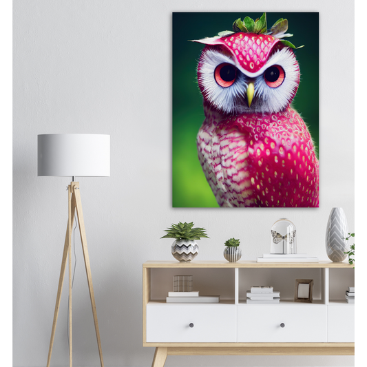 Poster in Museumsqualität - Fruit Owl No. 2 - "Berry", the Strawberry Owl - Serie Fruit Owls - Wandkunst - Kunstdruck - (fiktiv: lat.  Pulsatrix Fragaria) - Erdbeere - Schleiereulen - Fruchteulen - Vogel - Bird - Strigiformes - Noctua - Ornithologie - Kunstwerk  - Office Poster - Poster mit Rahmen - Kaffee Tasse - Poster mit Leisten - Bedruckte Tassen - Kunst Marke - Art Brand - Acrylbild - Wandbild - Kunstdrucke - Papier: 250g/qm - Künstler: John Grayst & Pixelboys - Eulen - Owl - Geschenkidee - 