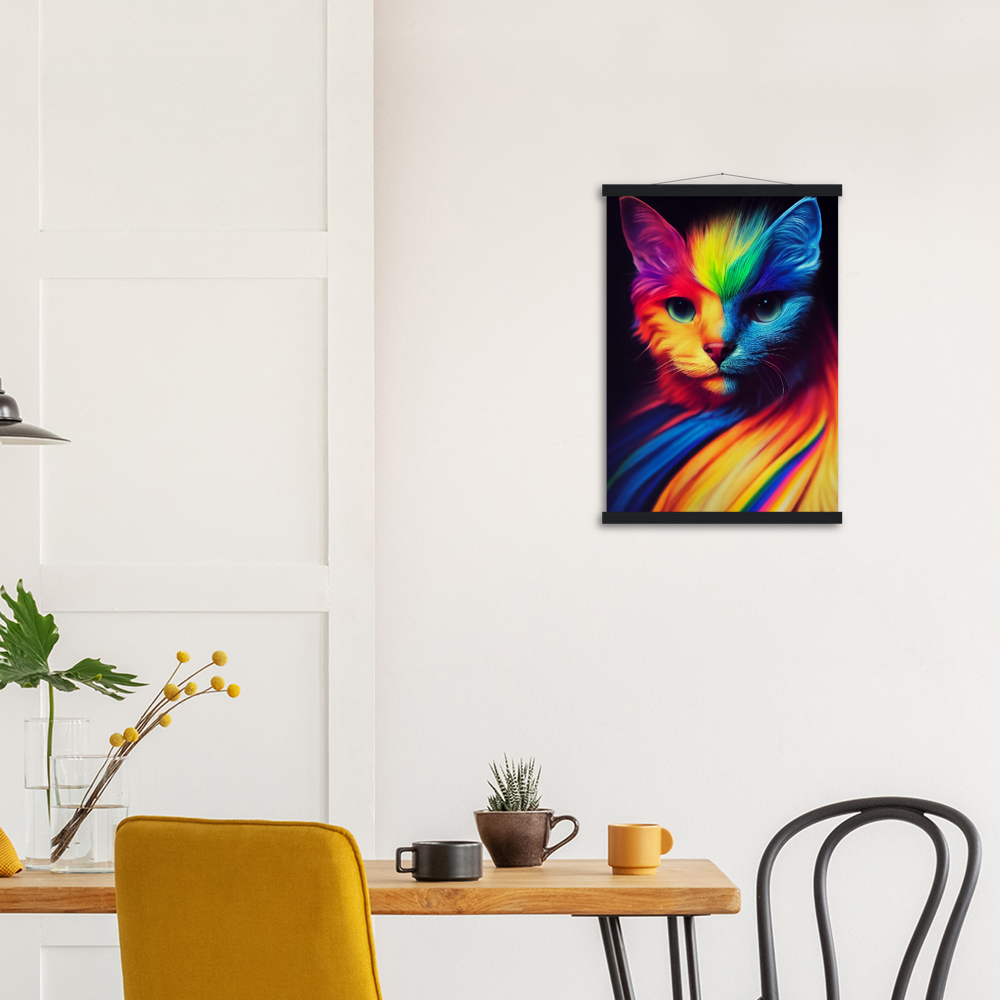 Poster Set mit Leisten aus Holz - Farbenfrohe Regenbogen Katze "Kitty" - Pride Bewegung Maskottchen -