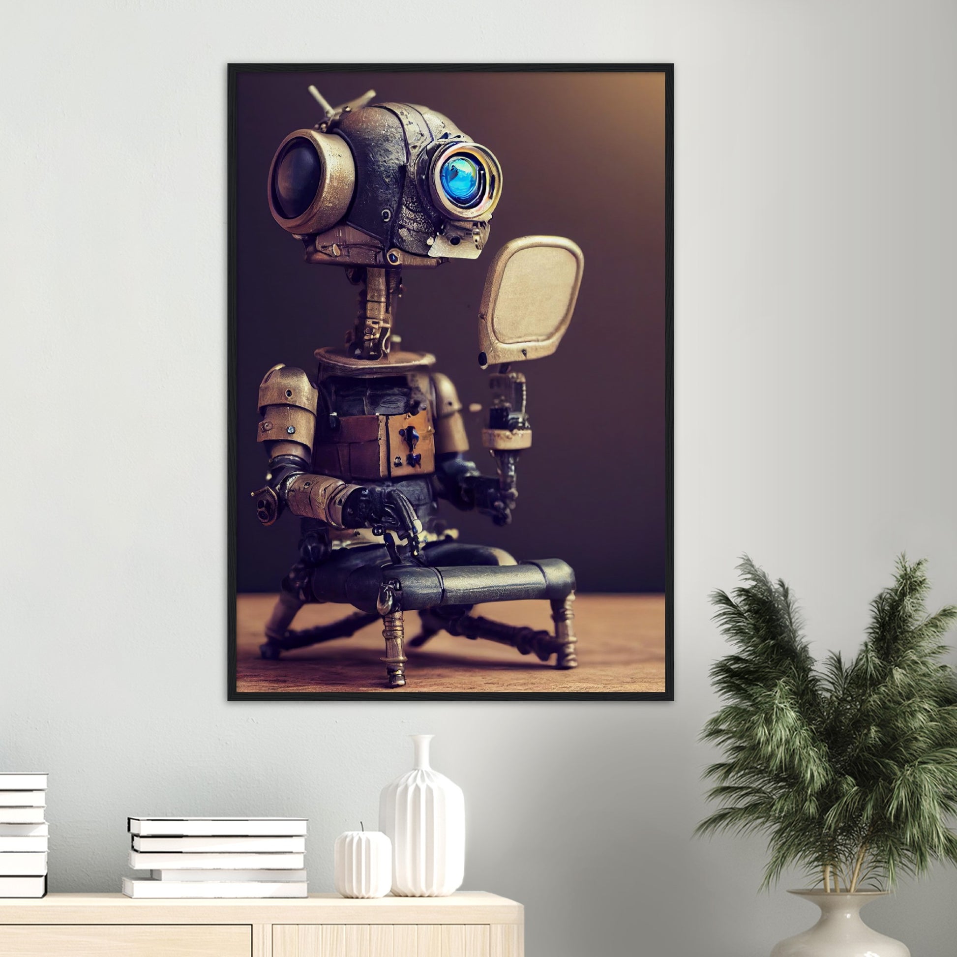 Poster mit Rahmen (Holz) in Museumsqualität - Tiny robot with a mirror - Hitoshi 人 - Wall Art - Spiegel - Acryldruck - Wandkunst - Customizable Coffee Cup - Personalized Gifts - Kunstdruck - Kleine Roboter - Acryldruck - Little Robots - Personalized Gifts - Tiny  - Steampunk - zukunft - Poster with frame - Kunstwerk - Office Poster - Poster mit Rahmen - Kaffee Tasse - Poster - Bedruckte Tassen - Kunst Marke - Art Brand - Kunstdrucke - Künstler: John Grayst & Pixelboys - emotional robots - Geschenkidee - 