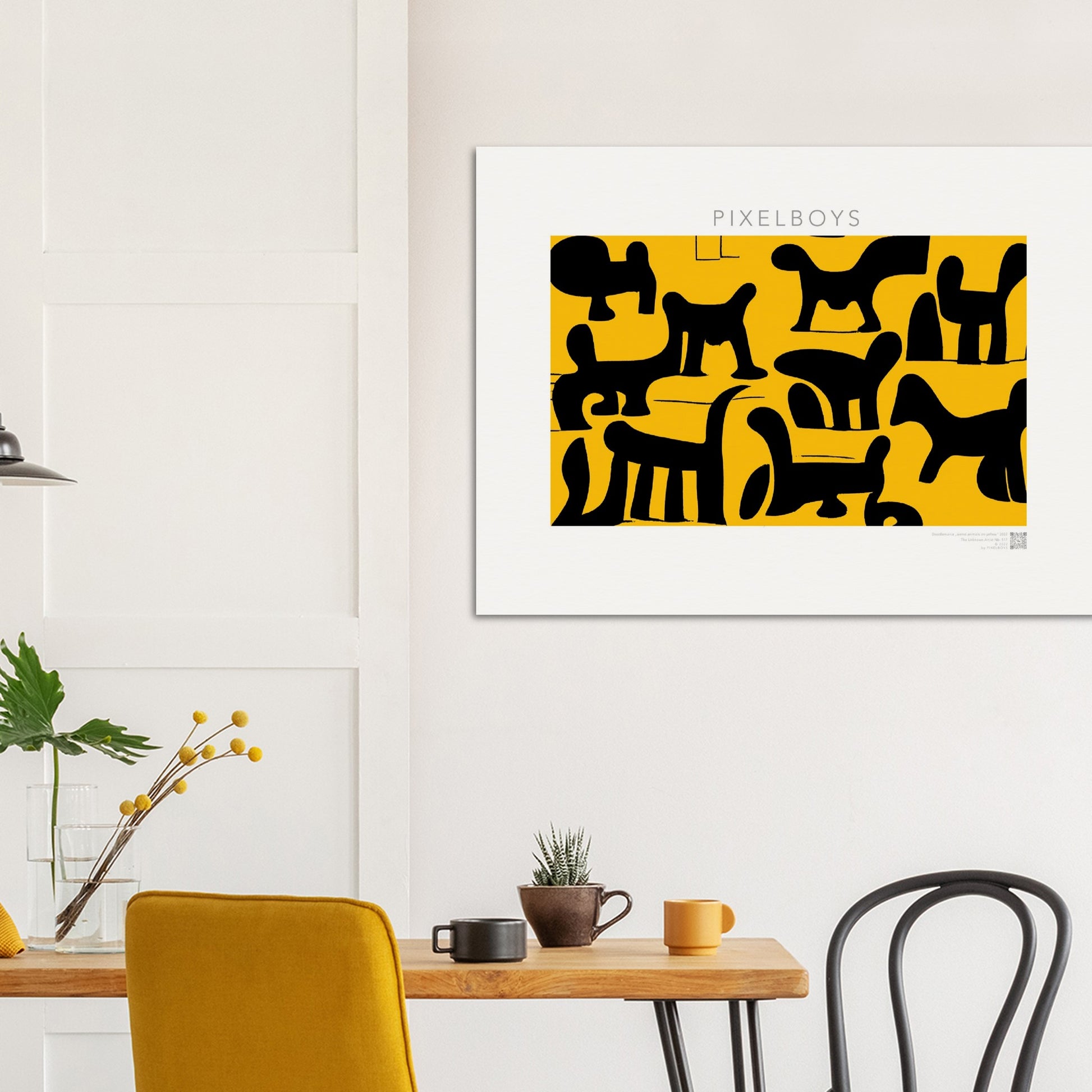 Poster in Museumsqualität - Doodlemania "weird animals on yellow" - No.3 - bedruckte Tasse-  gelb - Cup - Hunde - Katzen - Doodle Kunst - dogs - Cats - gastro - Poster mit Rahmen - doodle artwork - Acrylbild - Kunstdruck - Wandbild - office Poster - Poster with frame -  Künstler: Pixelboys & The Unknown Artist Nb.517 - keith haring - Gastro Art - anti stress art - Art Brand - Kunstdruck - Gastro Tasse - 