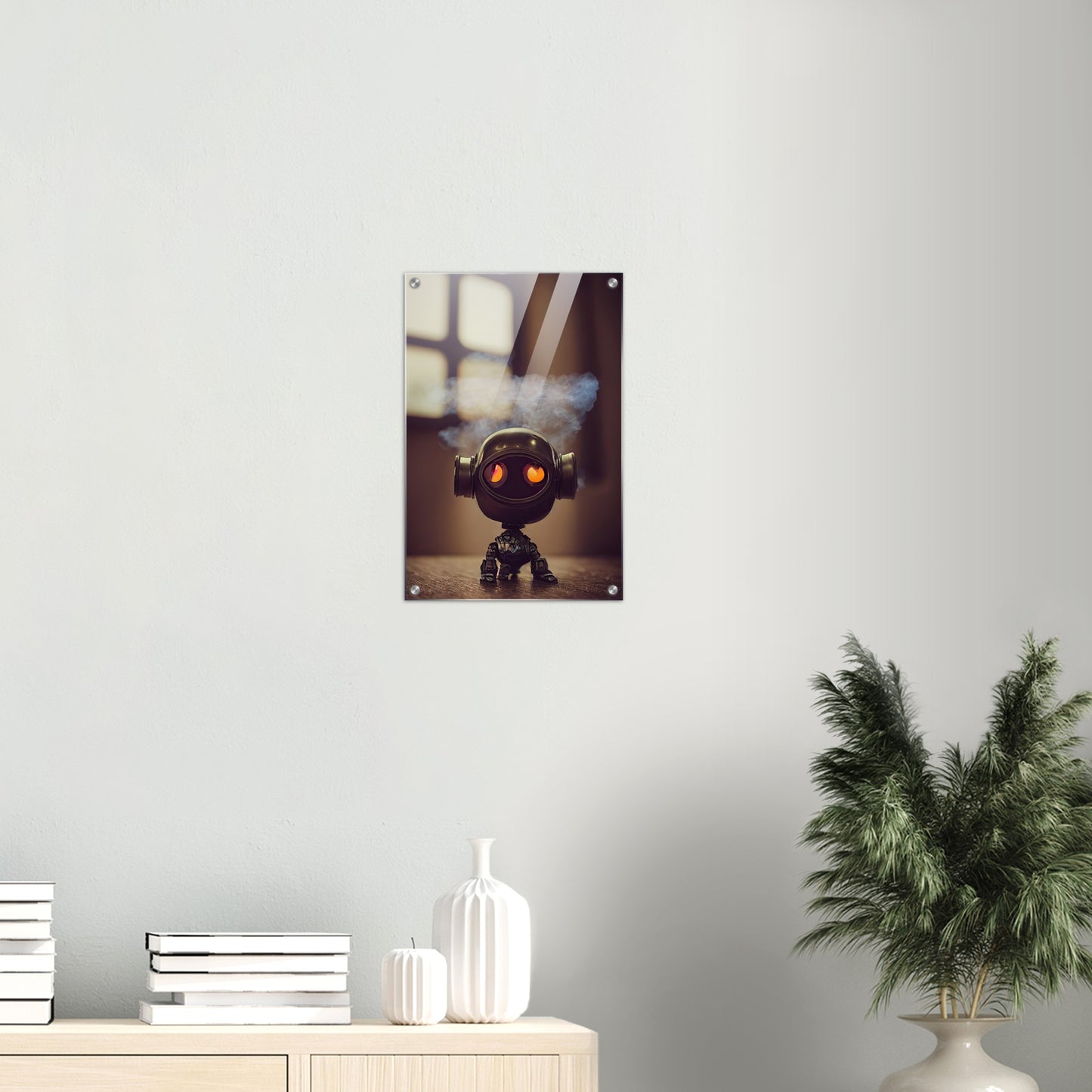 Acryldruck - in Museumsqualität - Tiny robot - with smoke around his head - "Tiny Tim" - Wandbild - Customizable Coffee Cup - Personalized Gifts - Kunstdruck - Rauchender Roboter - Steampunk - Acryldruck - Smoking Robots - Personalized Gifts - Poster with frame - nr.5 lebt - zukunft - Kunstwerk - Office Poster - Poster mit Rahmen - Kaffee Tasse  - Bedruckte Tassen - Kunst Marke - Art Brand - Wandbild - Kunstdrucke - Künstler: John Grayst & Pixelboys - emotional robots - Geschenkidee - Acrylbild -