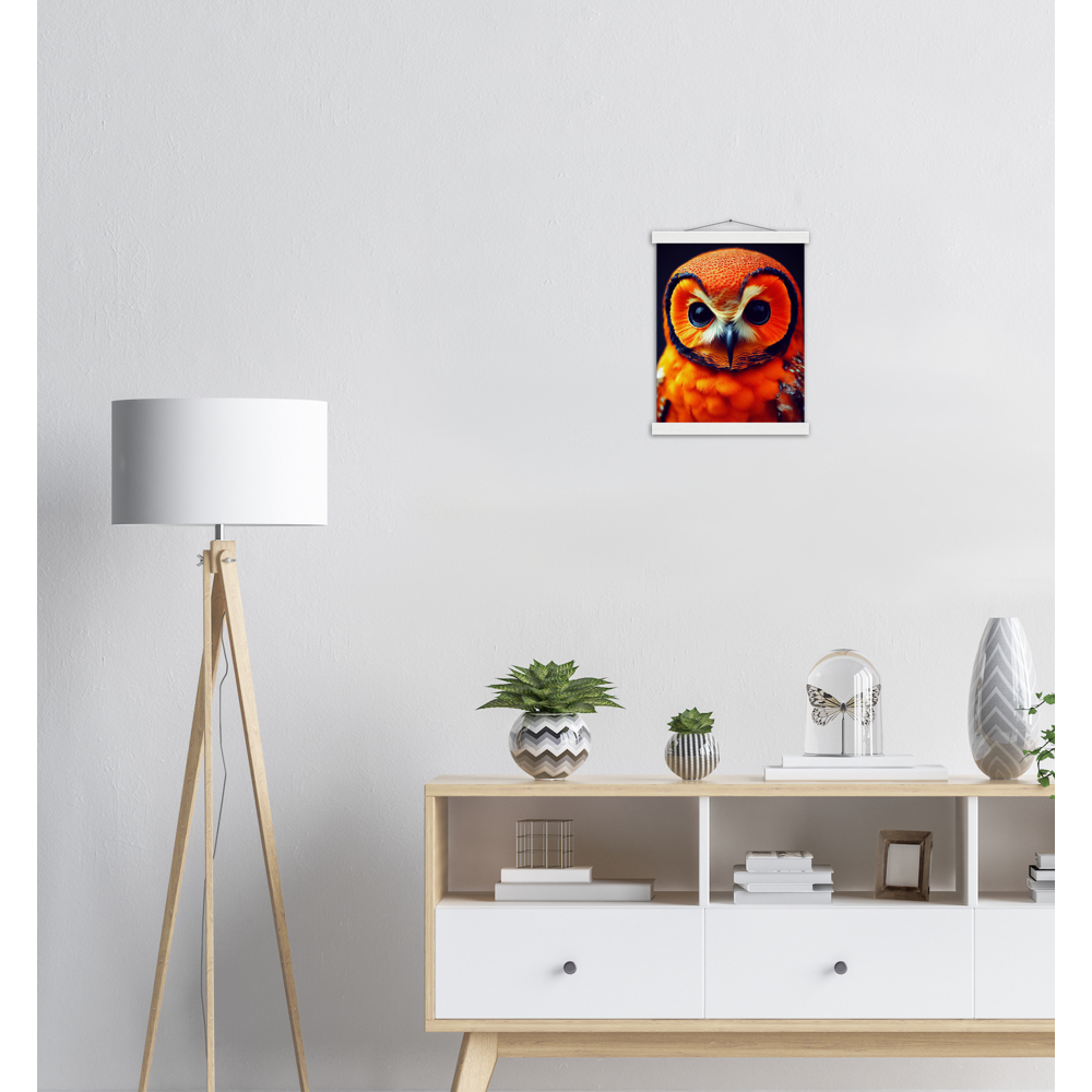 Poster mit Leisten (Holz) - Fruit Owl No. 1 - "Orangina", the orange owl - Serie Fruit Owls - Schleiereulen - lat. Tytonidae - Fruchteulen - Vogel - Bird - Strigiformes - Noctua - Ornithologie - Kunstwerk - Acryldruck - Poster mit Rahmen - Poster mit Leisten - Bedruckte Tassen - Kunst Marke - Art Brand - Pixelboys - Kunstdruck - Acrylbild - Wandbild - Kunstdrucke - Papier: 250g/qm - Künstler: John Grayst & Pixelboys - Eulen - Owl-  - Atelier - England - London - Birmingham - Manchester - Leeds - Liverpool  