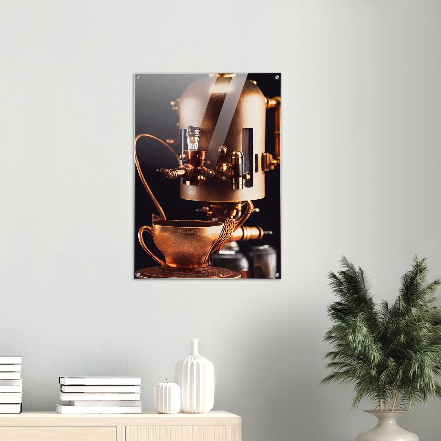 Acrylbild auf Glas - Steampunk - Coffee Maker - No.7 - Collection Cup - Pixelboys - Wandbild - Kunstwerk - Hotelkunst - Kunst auf Postern - Fine Art - Steampunk - Future - Maschine - Poster with frame - Office Poster - Art Brand - Pixelboys - Coffee House - Restaurant Poster - Wall Art - Kunstdruck - Geschenkidee - Kunst auf Acrylglas - Future Coffee Cup - Personalisierbare Tasse - Gastro Tasse - exklusiv - Acryldruck - Gastronomie Poster - Hotelposter - Teestube - Steam Punk Kitchen -   