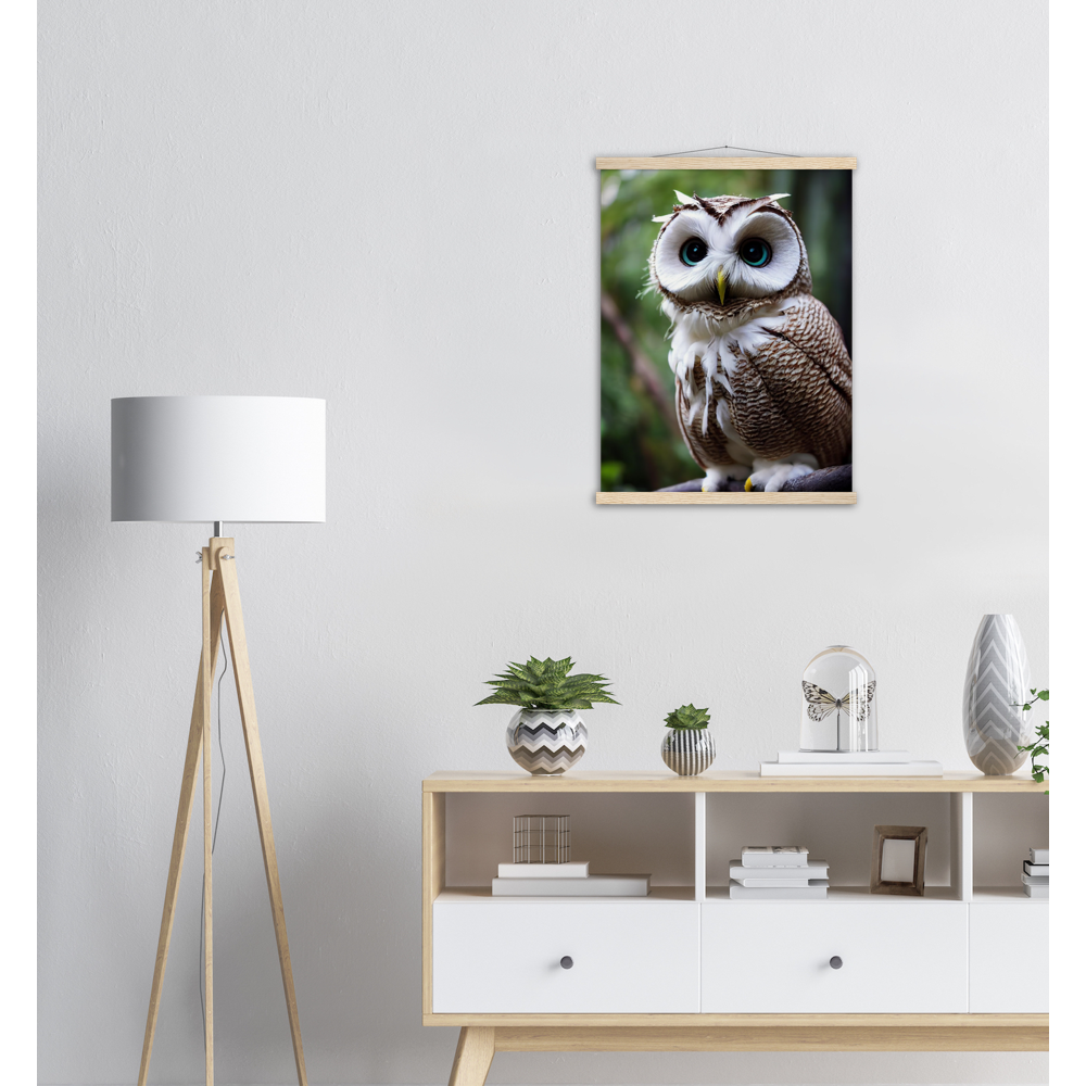 Poster mit Leisten (Holz) - Fruit Owl No.6 - "Cornelius", the coconut owl - Wandkunst - Museumsqualität - Kunstdruck - Kokusnuseule - Kokosnuss-Uhu (lat. bubo vaccinium)  - Acryldruck - Fruchteulen - coconut owl - Vogel - Uhu - Bird - Strigiformes - Noctua - Ornithologie - Kunstwerk  - Office Poster - Poster mit Rahmen - Kaffee Tasse - Poster mit Leisten - Bedruckte Tassen - Kunst Marke - Art Brand - Wandbild - Kunstdrucke - Papier: 250g/qm - Künstler: John Grayst & Pixelboys - Eulen - Owl - Geschenkidee - 