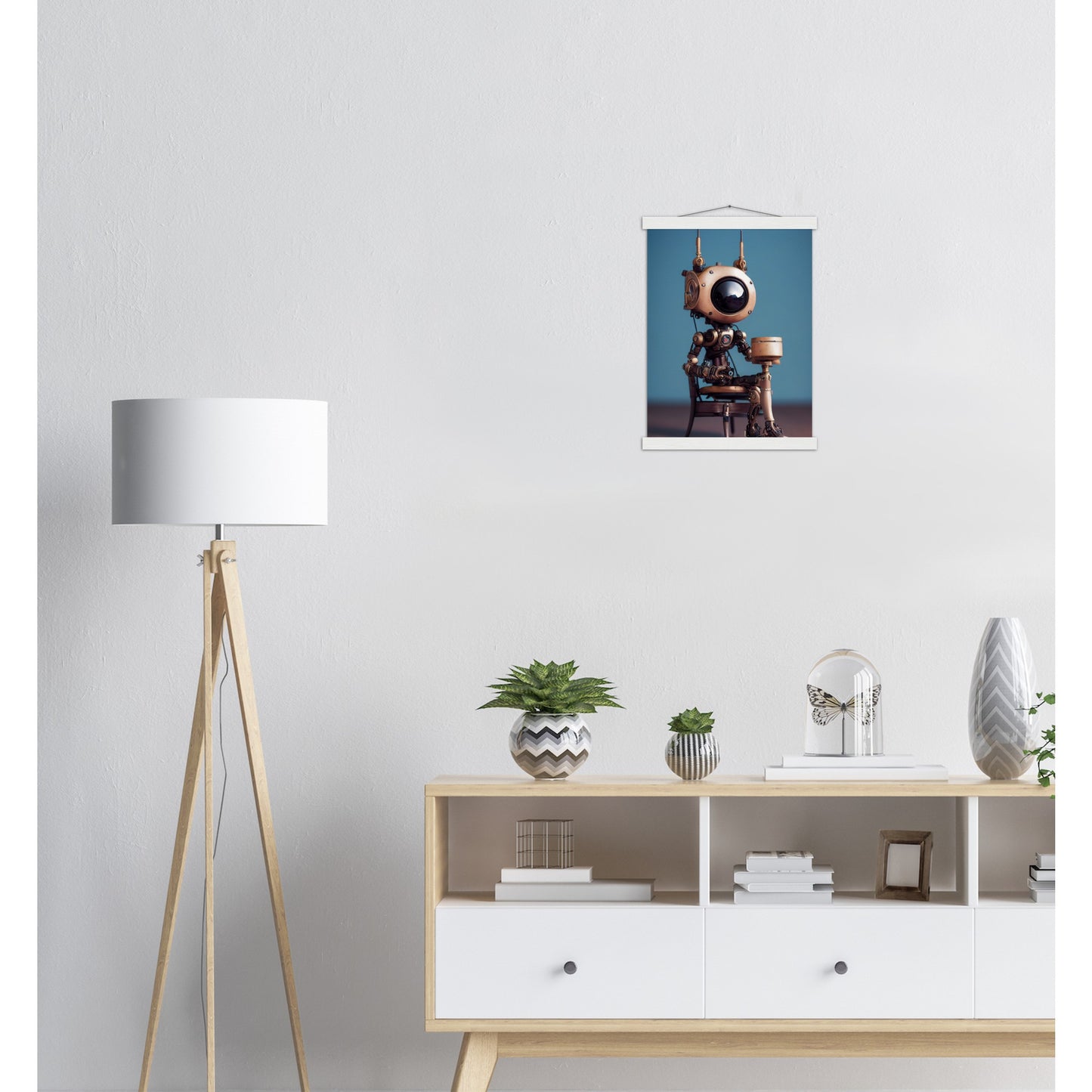 Poster mit Leisten (Holz) in Museumsqualität - Tiny robot with a present - "Tiny Sam" - Wandbild - Customizable Coffee Cup - Personalized Gifts - Kunstdruck - Roboter mit Geschenk - Steampunk - Acryldruck - Present Robots - Personalized Gifts - Poster with frame - nr.5 lebt - zukunft - Kunstwerk - Office Poster - Poster mit Rahmen - Kaffee Tasse  - Bedruckte Tassen - Kunst Marke - Art Brand - Wandbild - Kunstdrucke - Künstler: John Grayst & Pixelboys - emotional robots - Geschenkidee - Wall Art -