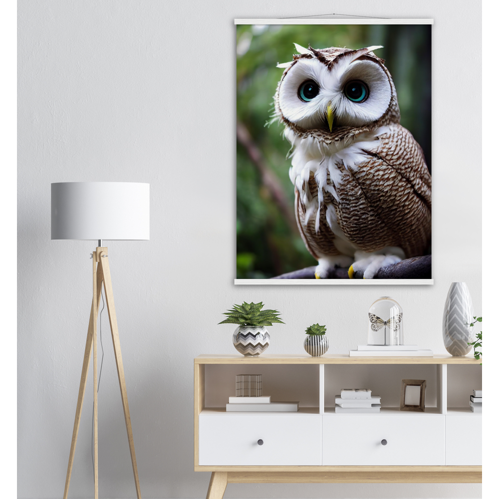 Poster mit Leisten (Holz) - Fruit Owl No.6 - "Cornelius", the coconut owl - Wandkunst - Museumsqualität - Kunstdruck - Kokusnuseule - Kokosnuss-Uhu (lat. bubo vaccinium)  - Acryldruck - Fruchteulen - coconut owl - Vogel - Uhu - Bird - Strigiformes - Noctua - Ornithologie - Kunstwerk  - Office Poster - Poster mit Rahmen - Kaffee Tasse - Poster mit Leisten - Bedruckte Tassen - Kunst Marke - Art Brand - Wandbild - Kunstdrucke - Papier: 250g/qm - Künstler: John Grayst & Pixelboys - Eulen - Owl - Geschenkidee - 