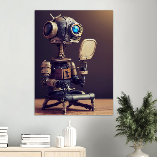 Poster in Museumsqualität - Tiny robot with a mirror - Hitoshi 人 - Wall Art - Spiegel - Acryldruck - Wandkunst - Customizable Coffee Cup - Personalized Gifts - Kunstdruck - Kleine Roboter - Acryldruck - Little Robots - Personalized Gifts - Tiny  - Steampunk - zukunft - Poster with frame - Kunstwerk - Office Poster - Poster mit Rahmen - Kaffee Tasse - Poster - Bedruckte Tassen - Kunst Marke - Art Brand - Kunstdrucke - Künstler: John Grayst & Pixelboys - emotional robots - Geschenkidee - 