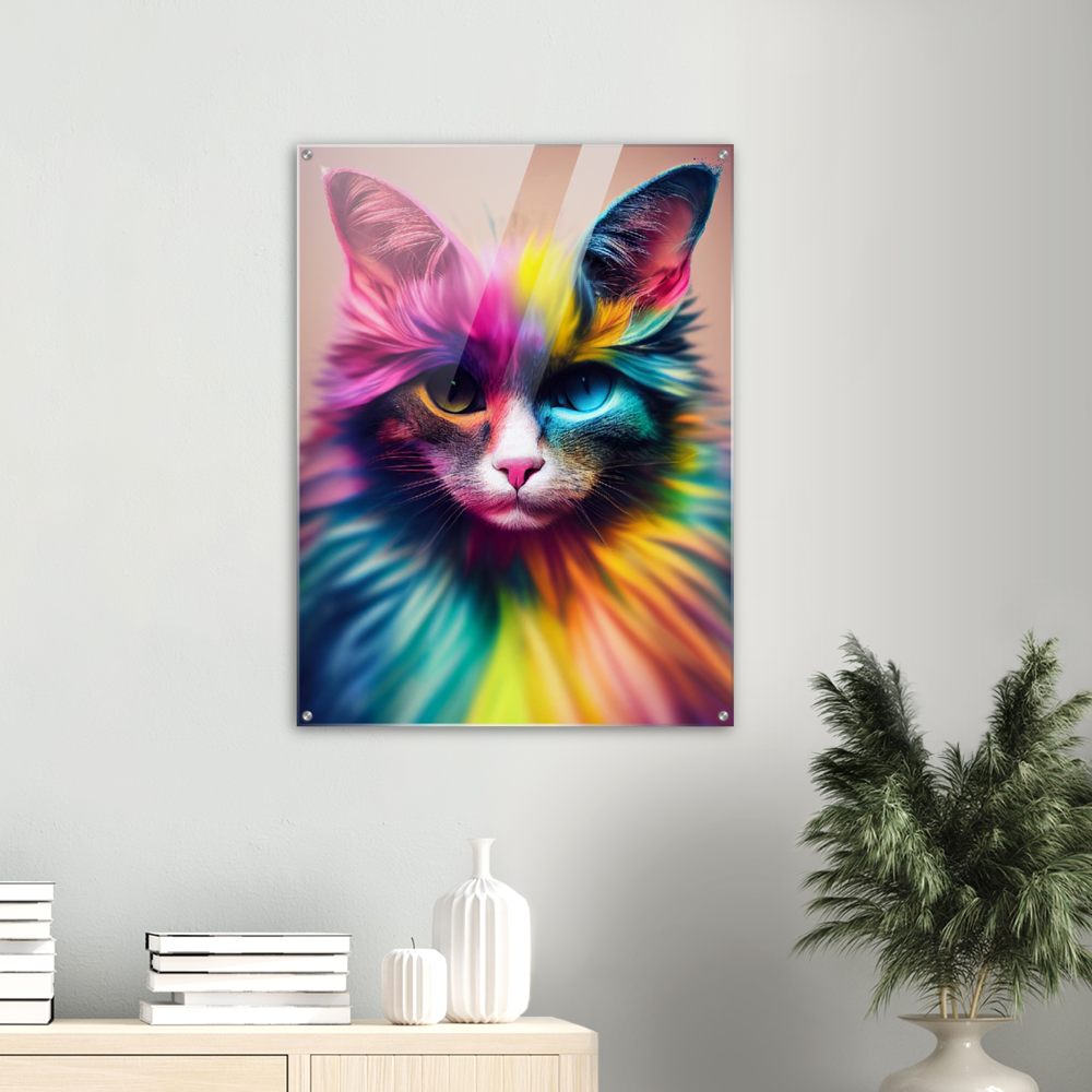 Acrylbild - Einzigartige farbenfrohe Regenbogenkatze "Luna"